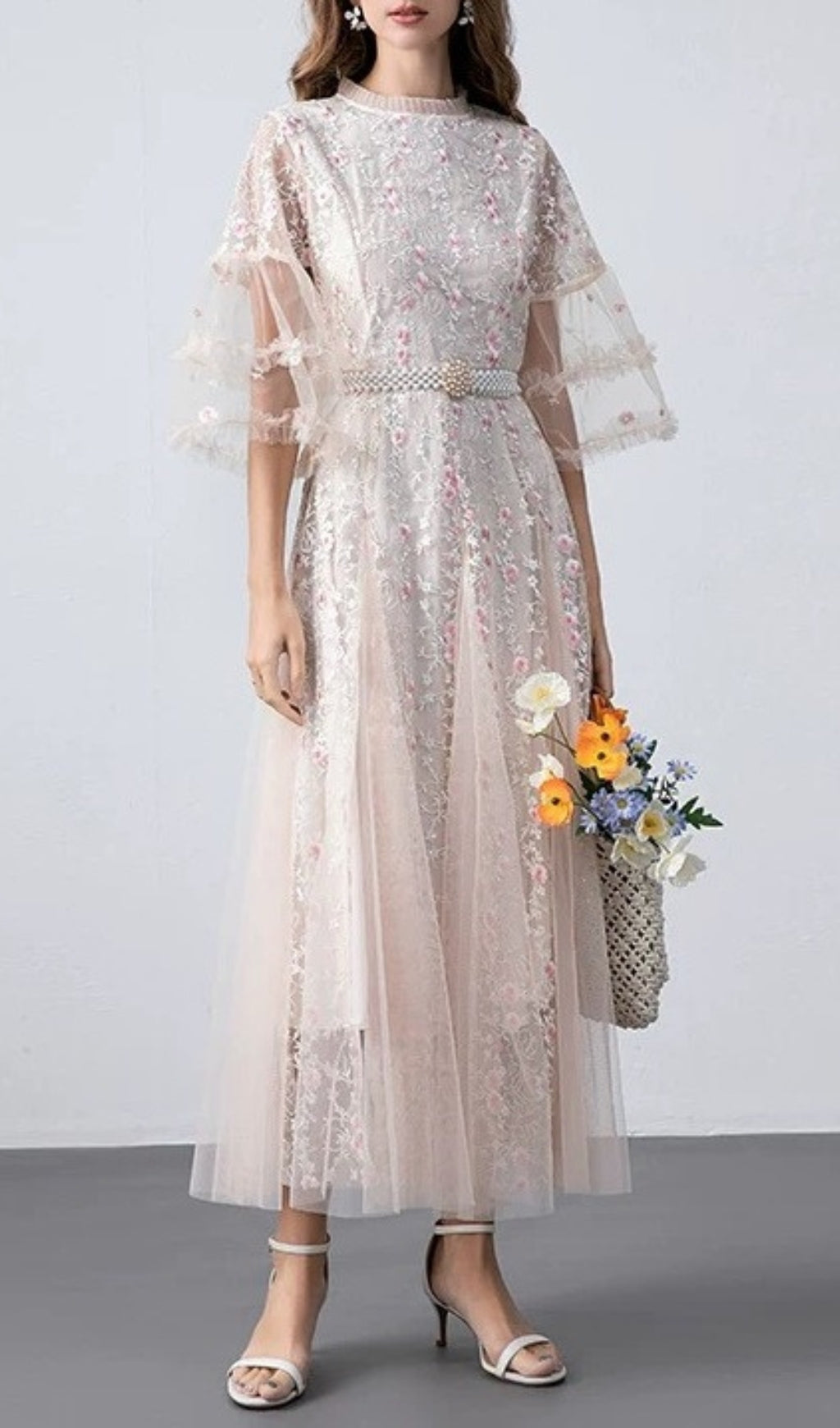 FLORAL MESH MIDI DRESS FOR APRICOT WEDDING GUEST