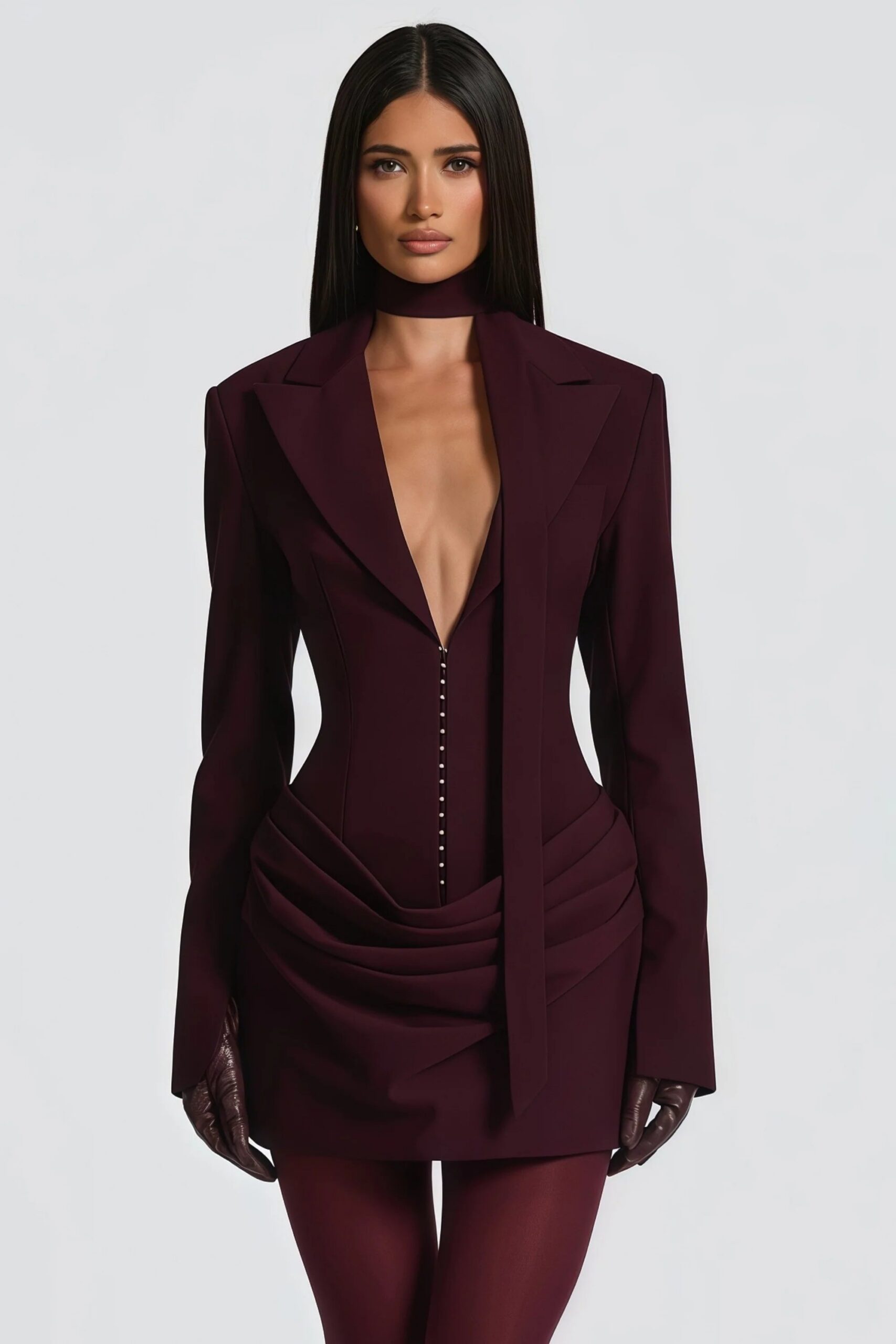 AMELIA V-NECK RUCHED BLAZER MINI DRESS IN WINE RED
