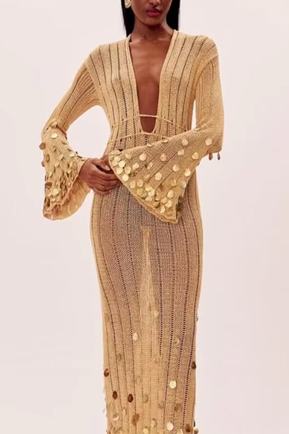 ELMA GOLDEN AURA V-NECK KNIT MAXI DRESS