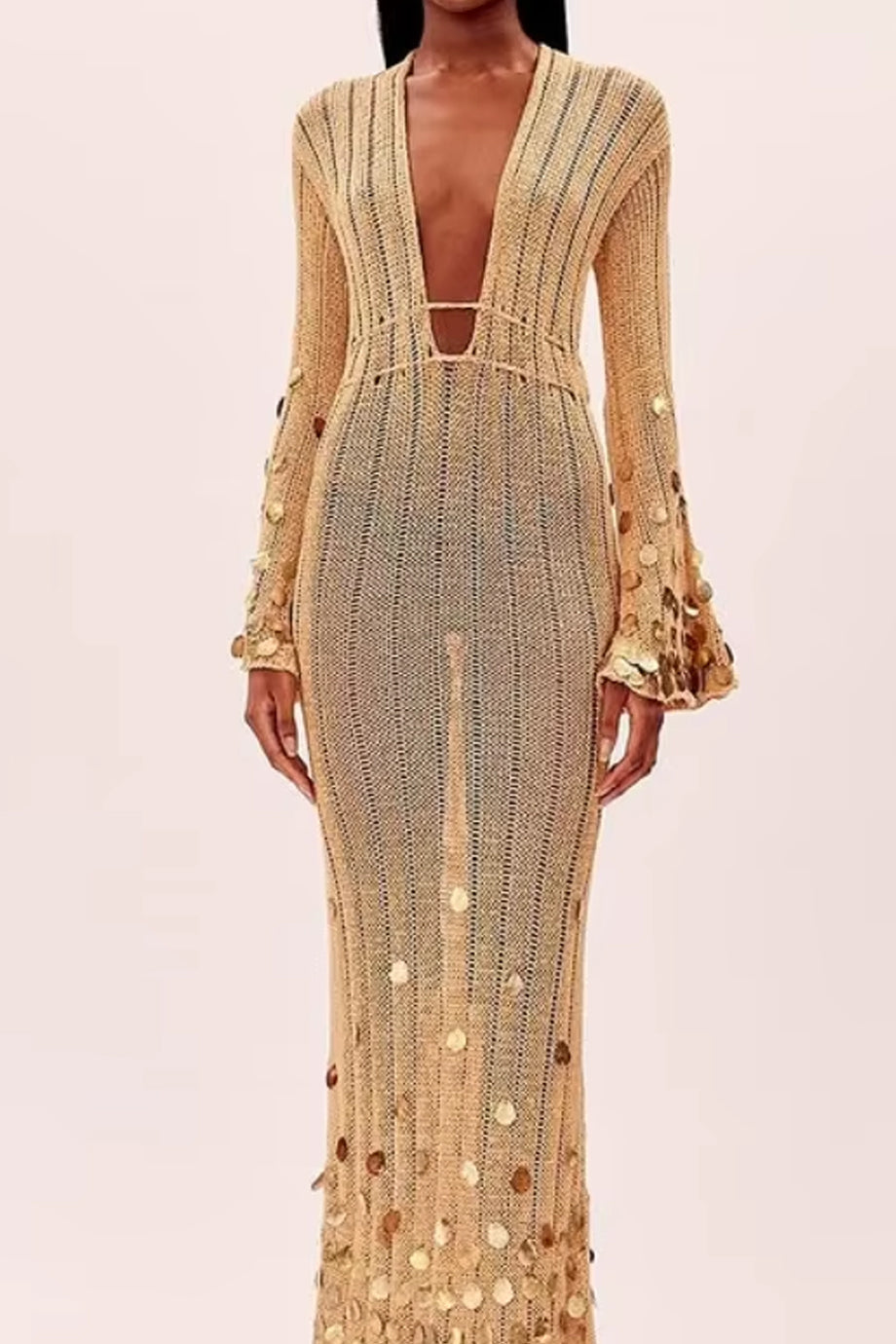 ELMA GOLDEN AURA V-NECK KNIT MAXI DRESS