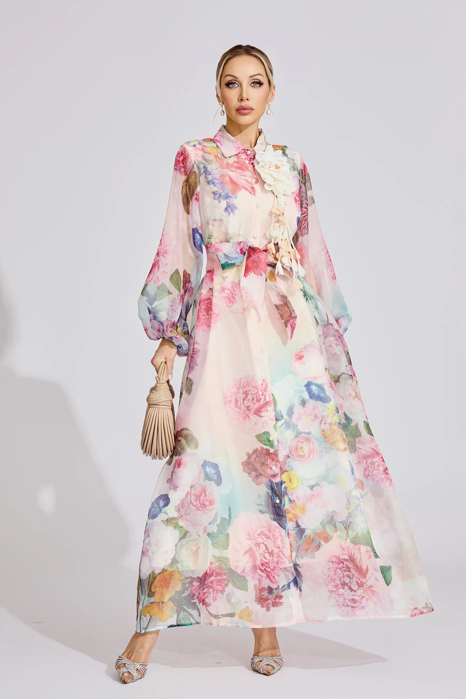 VIVIEN PINK FLORAL LANTERN SLEEVE MAXI DRESS
