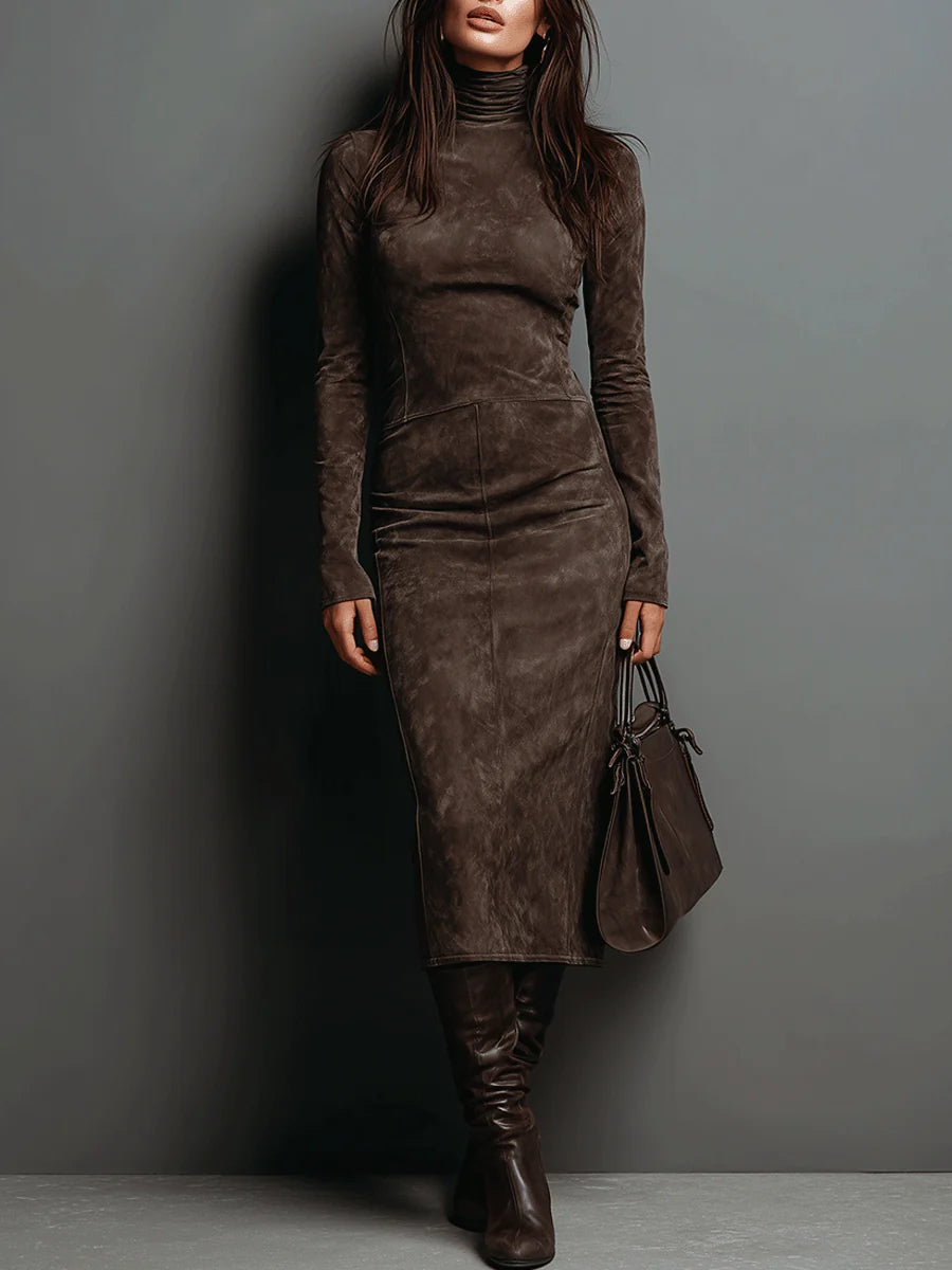 97a437790a90c59de9dcd808c5baaa49_1 HIGH NECK LONG SLEEVE SUEDE MIDI DRESS