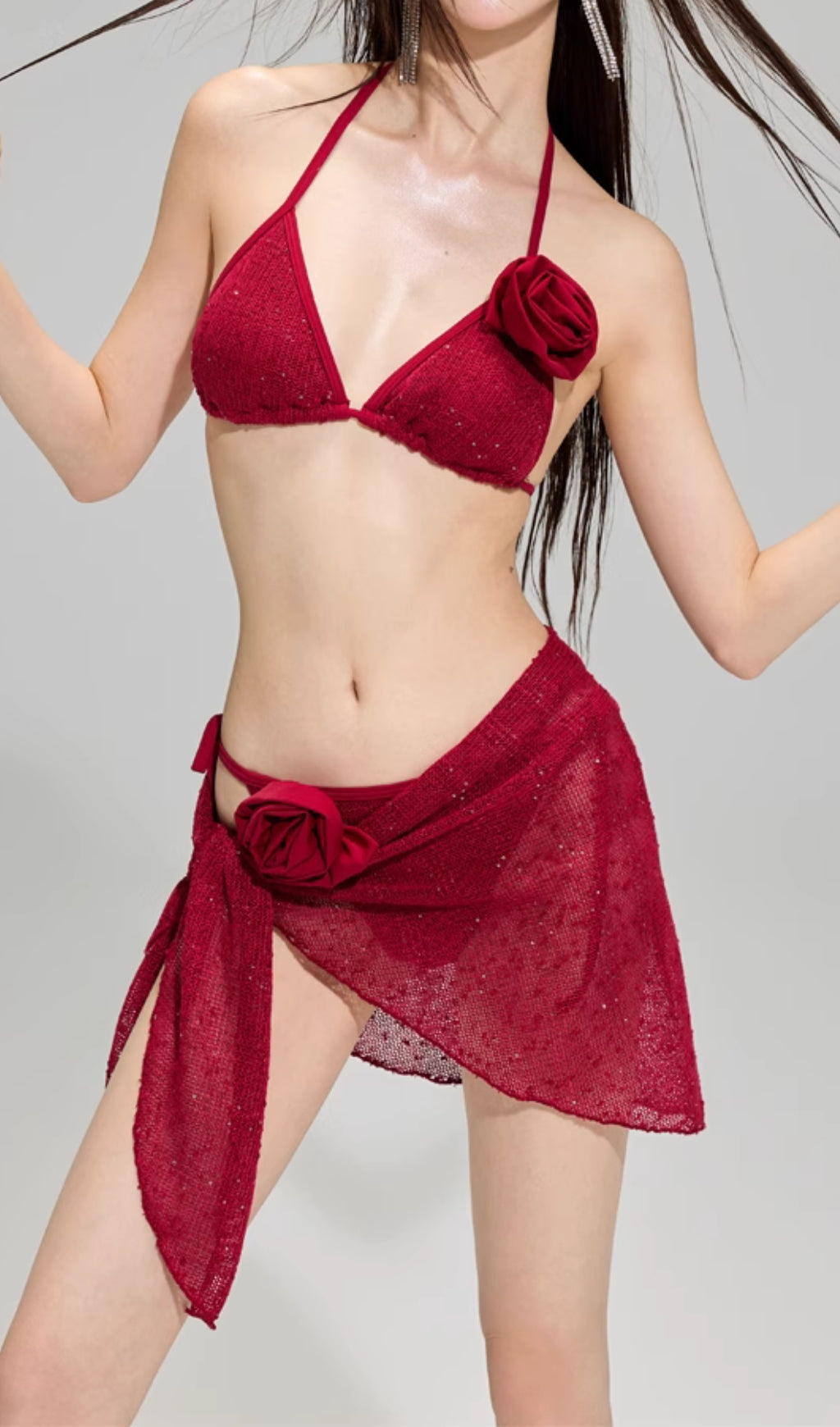 DARINA RED SEQUIN THREE-PIECE SWIMSUIT SET