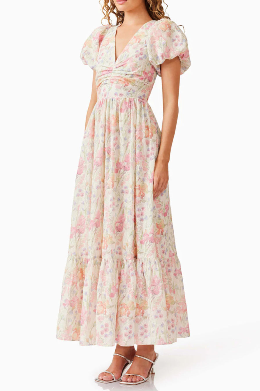 V-NECK PUFF SLEEVE FLORAL MAXI DRESS PINK