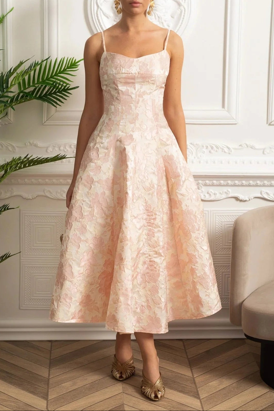 LAUREN FLORAL JACQUARD MIDI DRESS - BLUSH PINK