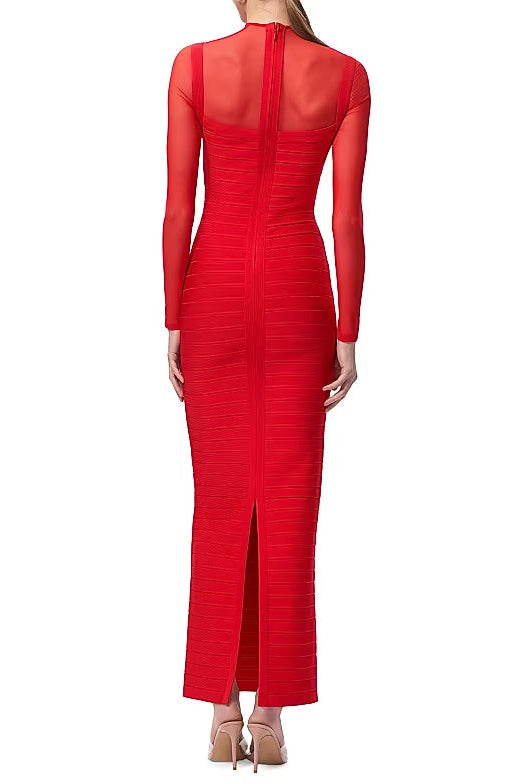 TINA RED MESH SEE-THROUGH BANDAGE MAXI DRESS