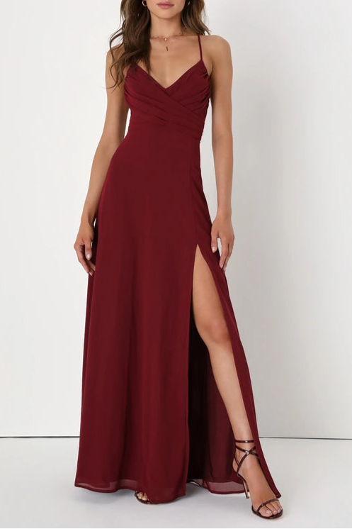 EVENT READY BURGUNDY BACKLESS LACE-UP MAXI DRESS