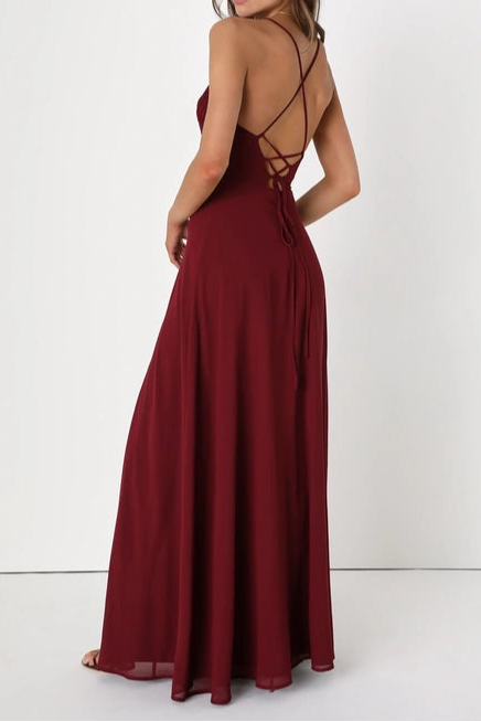 EVENT READY BURGUNDY BACKLESS LACE-UP MAXI DRESS