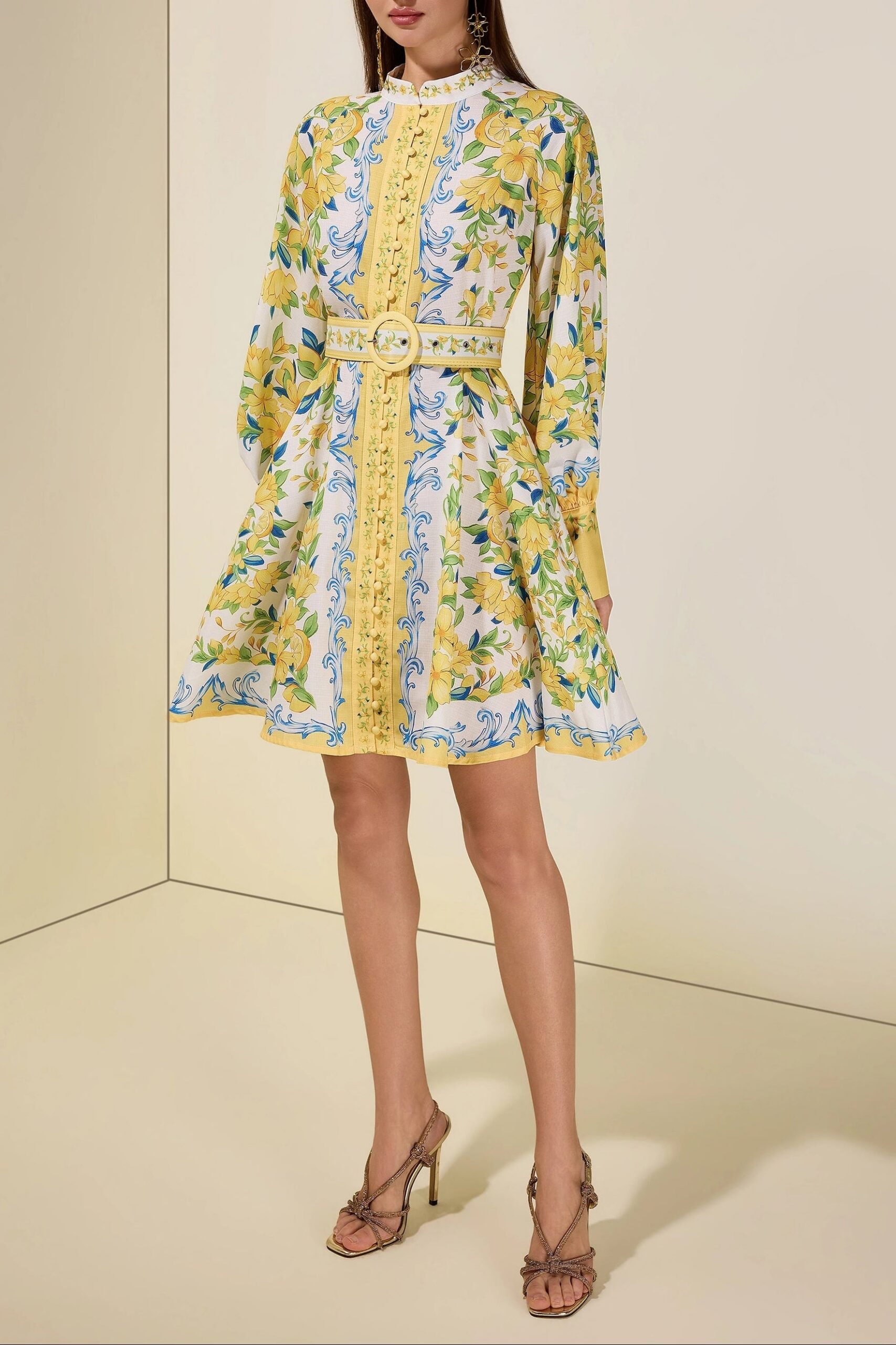 994f03ff-7bcc-468d-89c1-6b3529c15373 LEMON FLORAL SINGLE-BREASTED MIDI DRESS WITH BELT - YELLOW