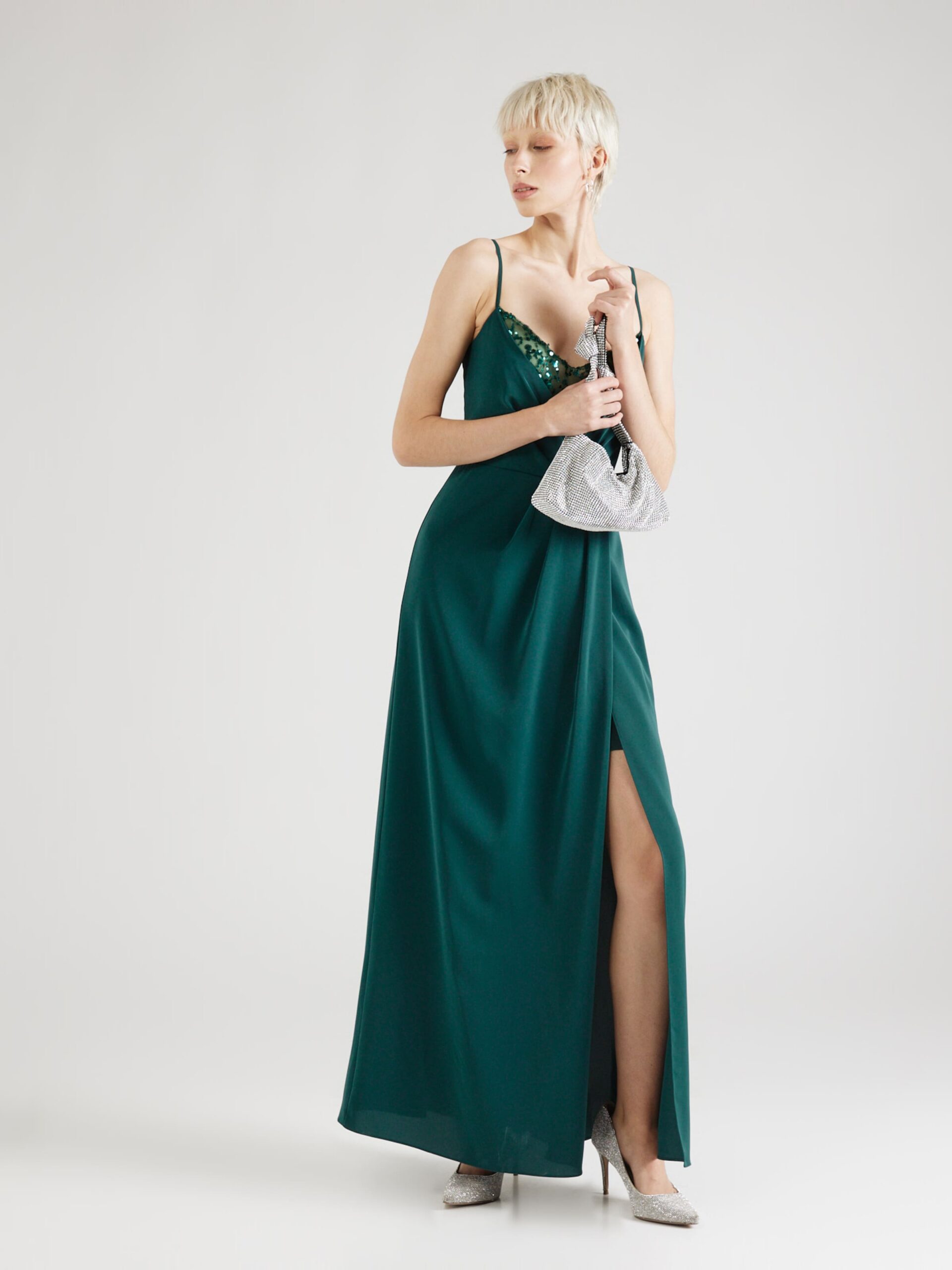CRYSTAL PLEATED MAXI DRESS GREEN FORMAL GOWN