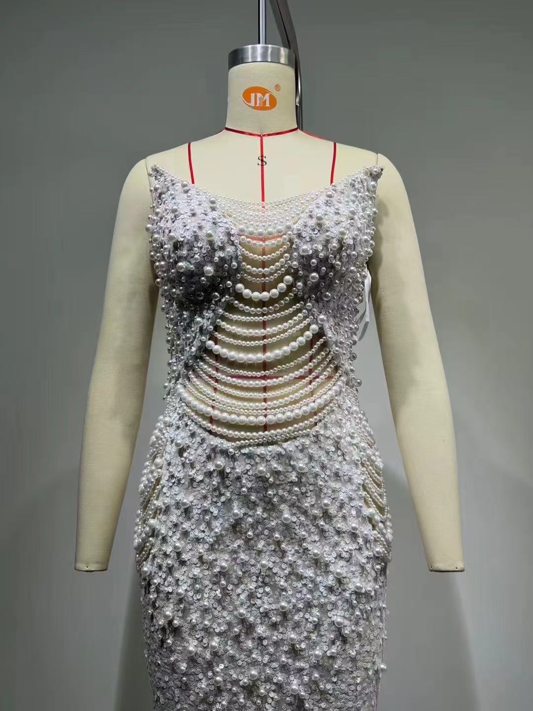 ISEULT WHITE PEARL MESH MAXI GOWN