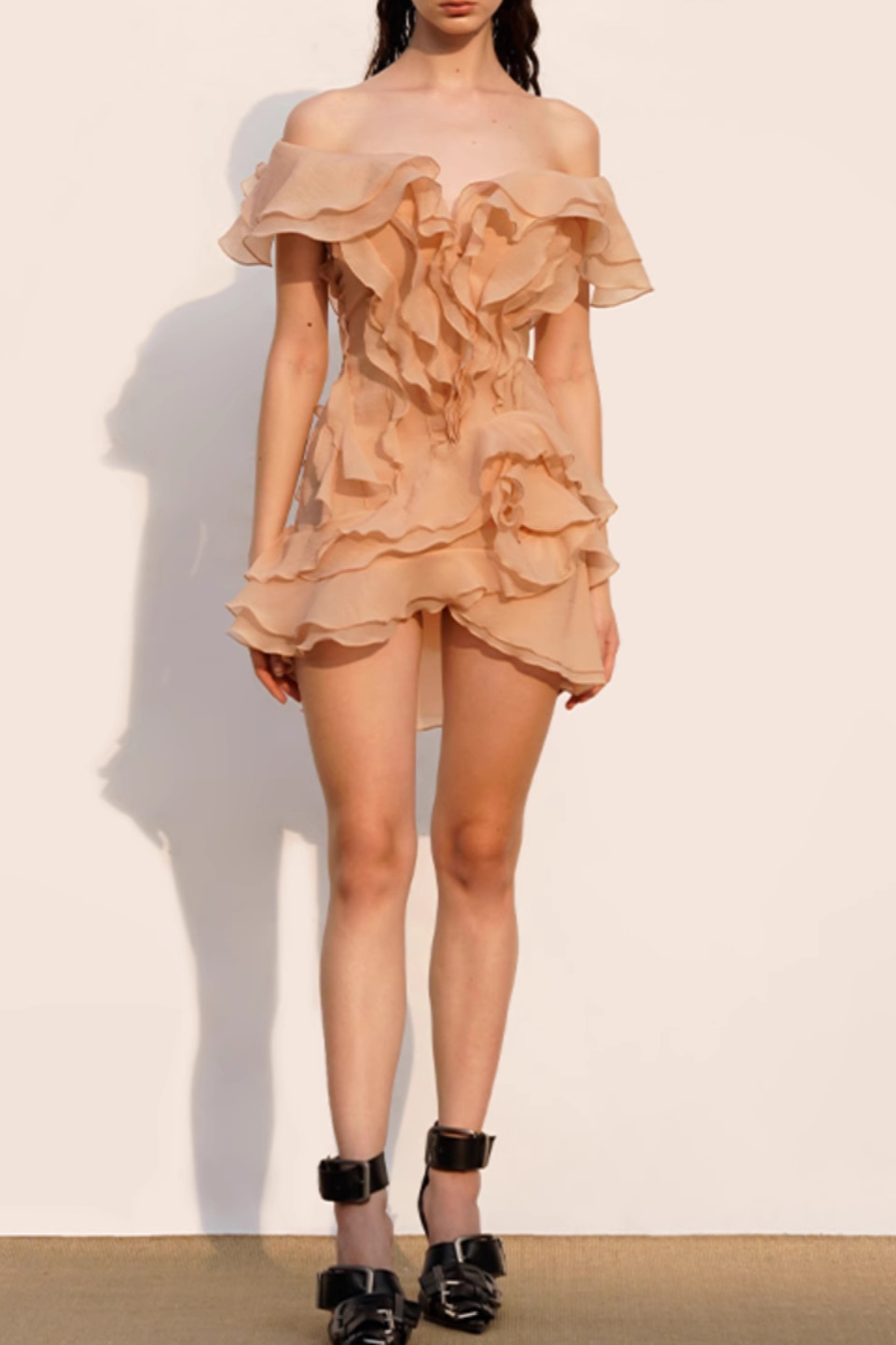 THEIA RUFFLE STRAPLESS CORAL MINI DRESS