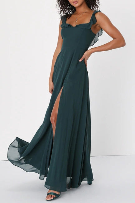 EMERALD GREEN RUFFLED MAXI DRESS FOR WEDDING GUEST