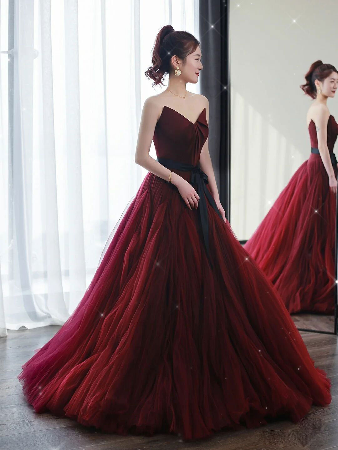 A-LINE BURGUNDY TULLE PARTY DRESS