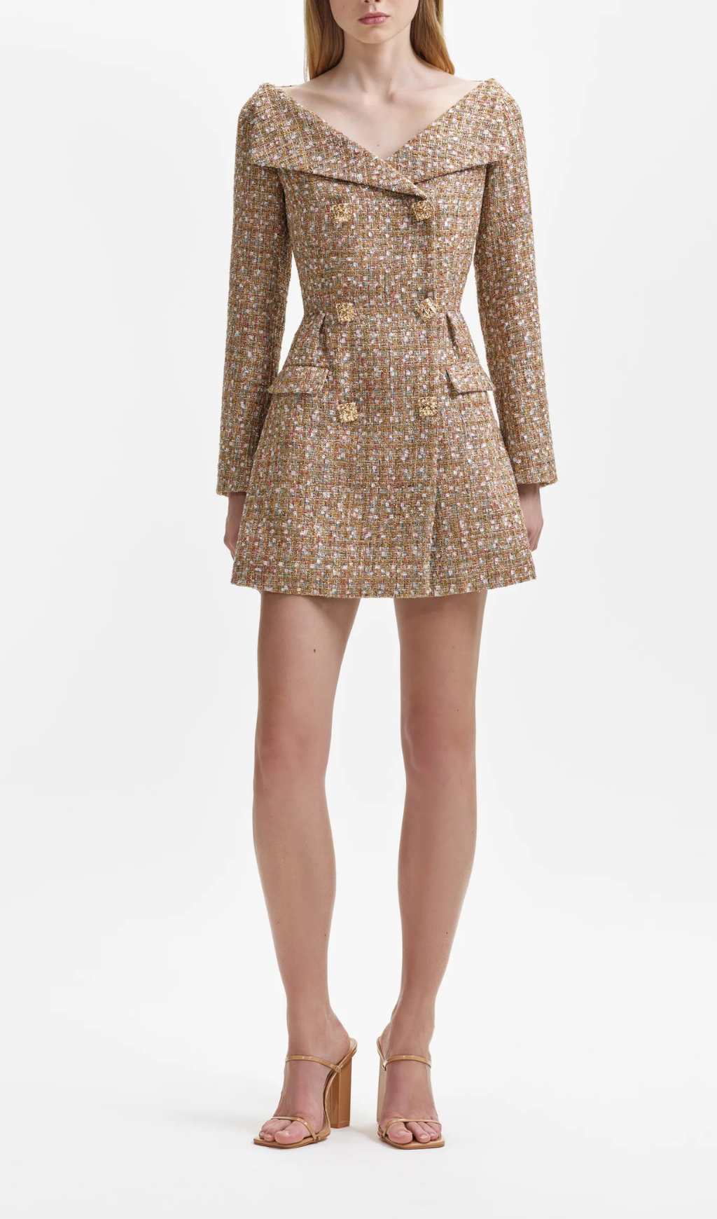 GOLD TINSEL BOUCLE OFF-SHOULDER PARTY MINI DRESS