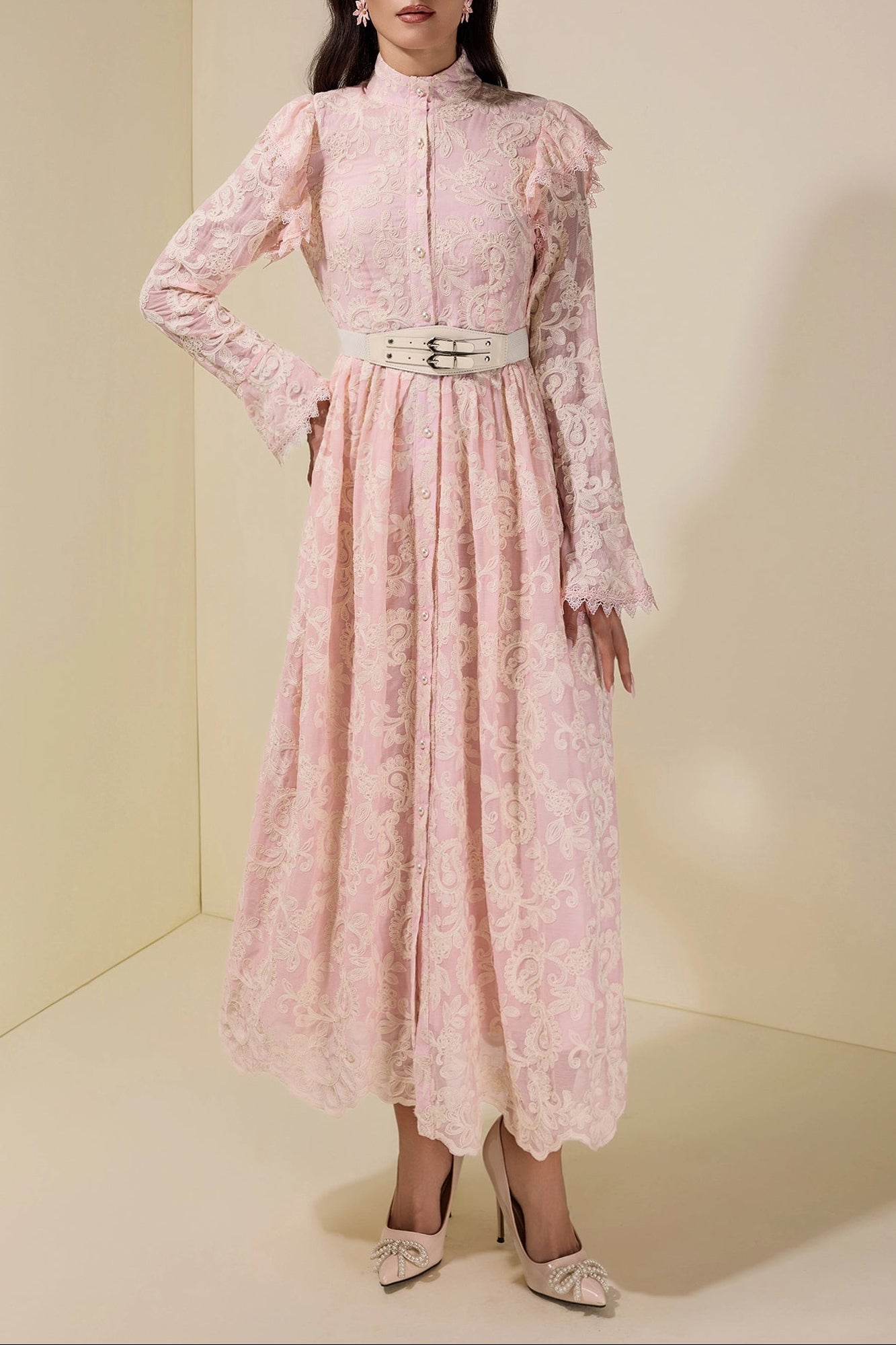 ALMA CHIFFON EMBROIDERED MIDI DRESS, PINK