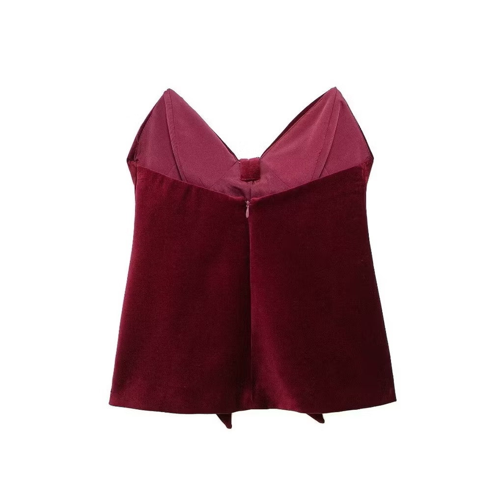 MILAN VELVET TOP IN WINE RED - V-NECK EVENING BLOUSE