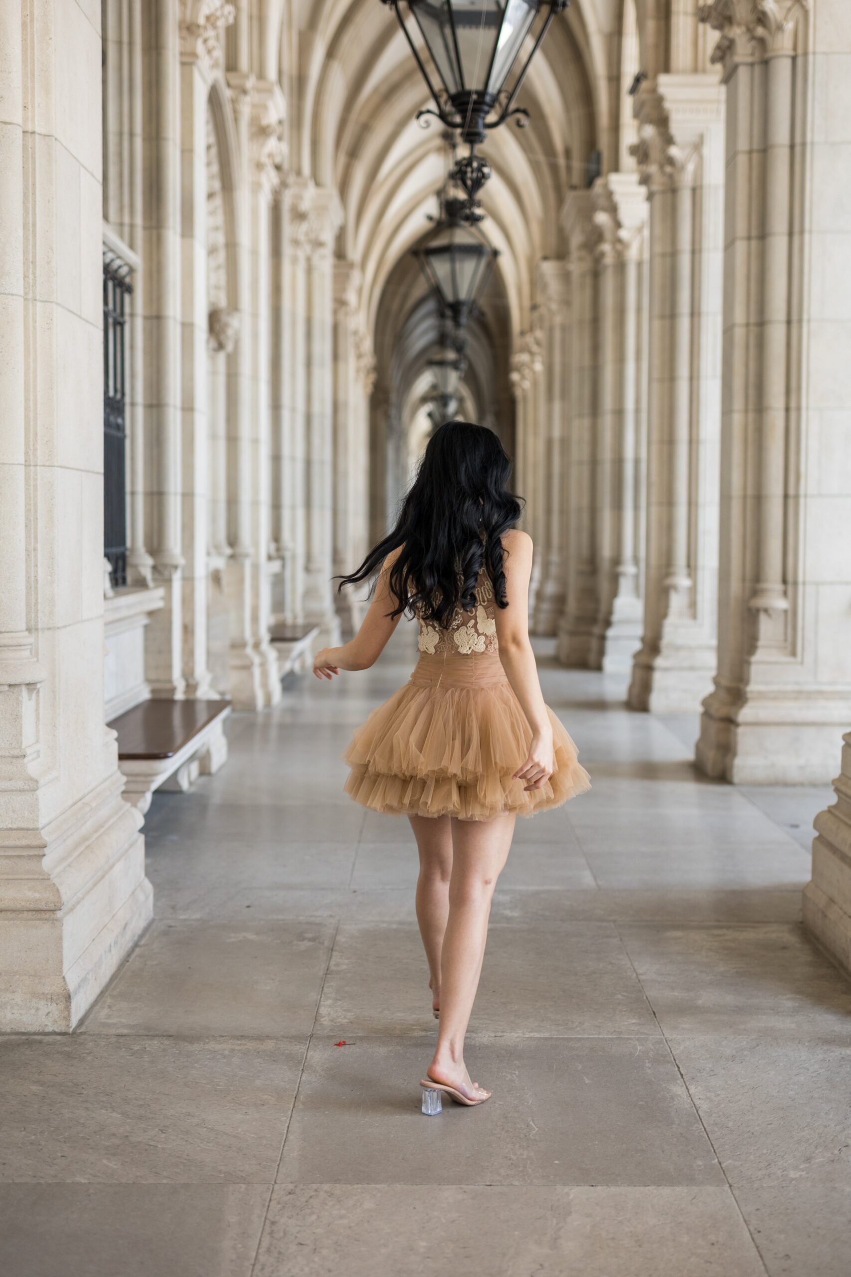 BEIGE BALLERINA TULLE MINI DRESS 3D APPLIQUE