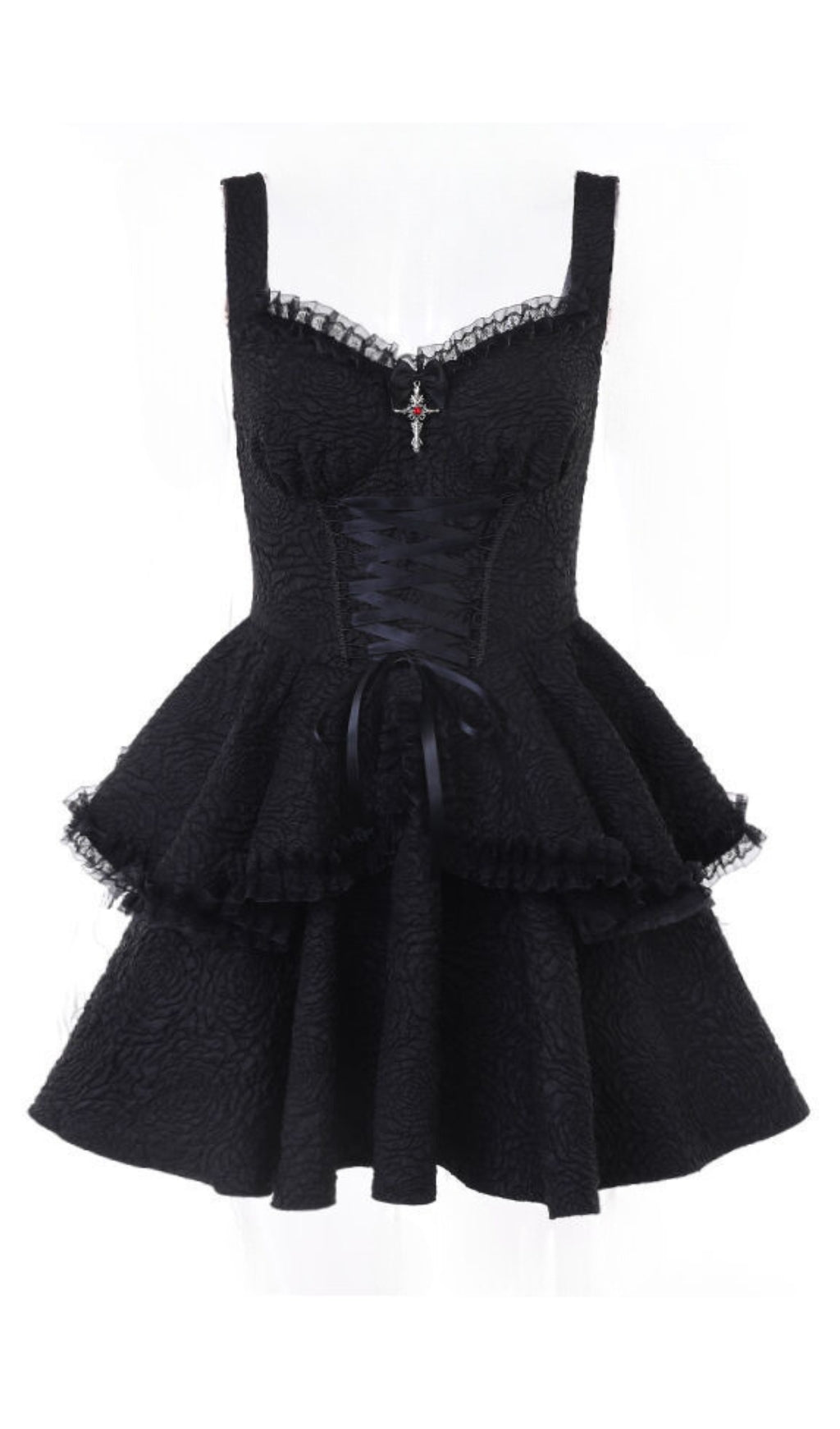 BLACK TEXTURED SUSPENDER MINI DRESS FOR PARTY