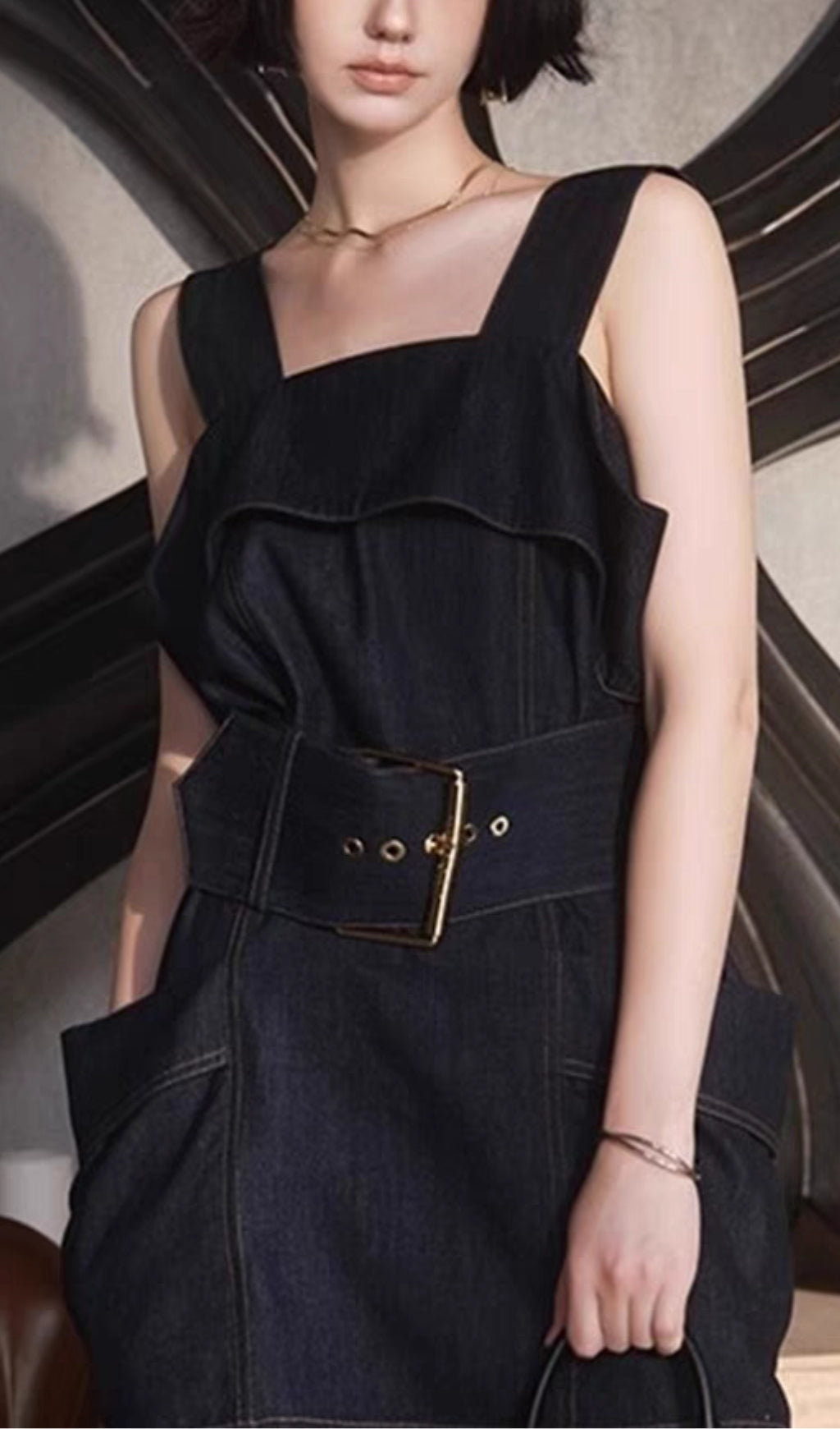 RUFFLED DENIM SUSPENDER DRESS, BLUE, CASUAL
