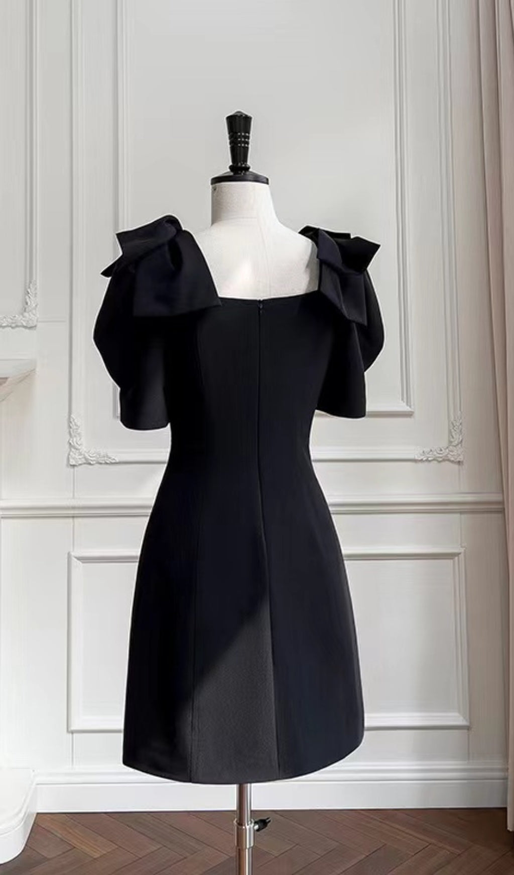 PATCHWORK BOW MIDI DRESS BLACK COCKTAIL
