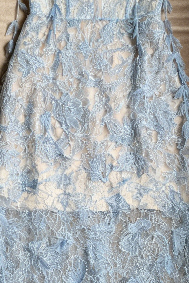 BLUE BEADED LACE PENCIL COCKTAIL DRESS