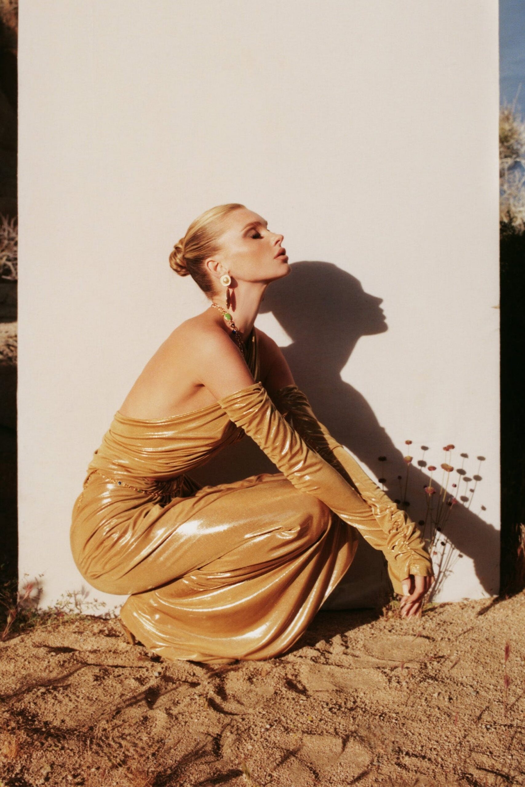 GOLD RUCHED LEATHER MIDI DRESS PARTY