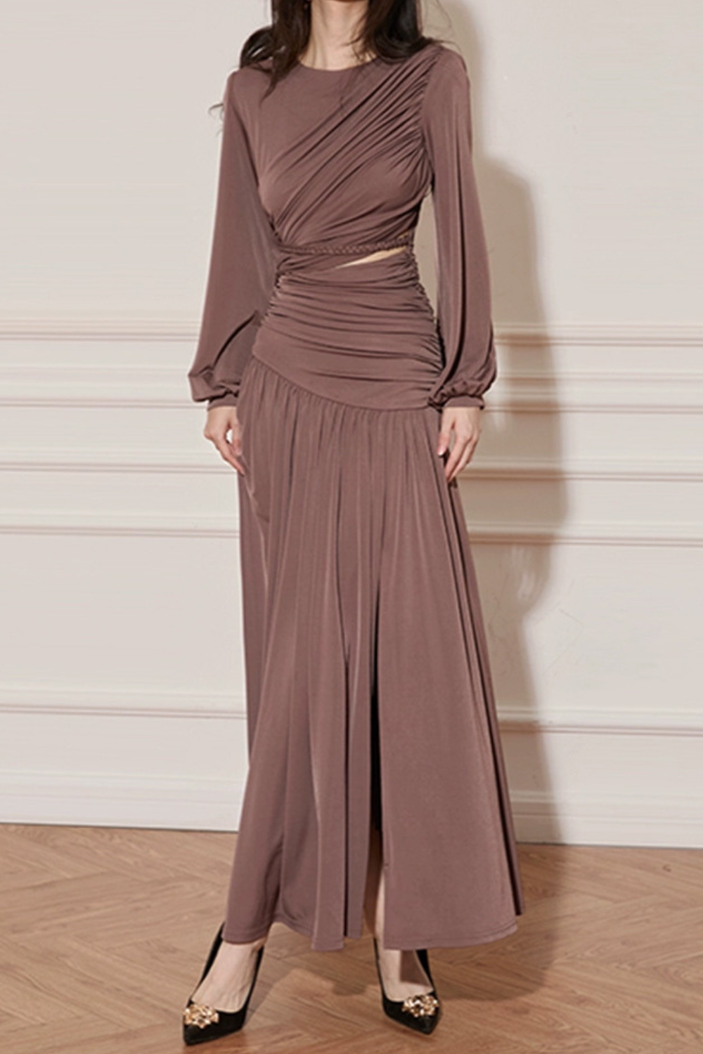 PLEATED CUTOUT CHIFFON MAXI DRESS IN BROWN