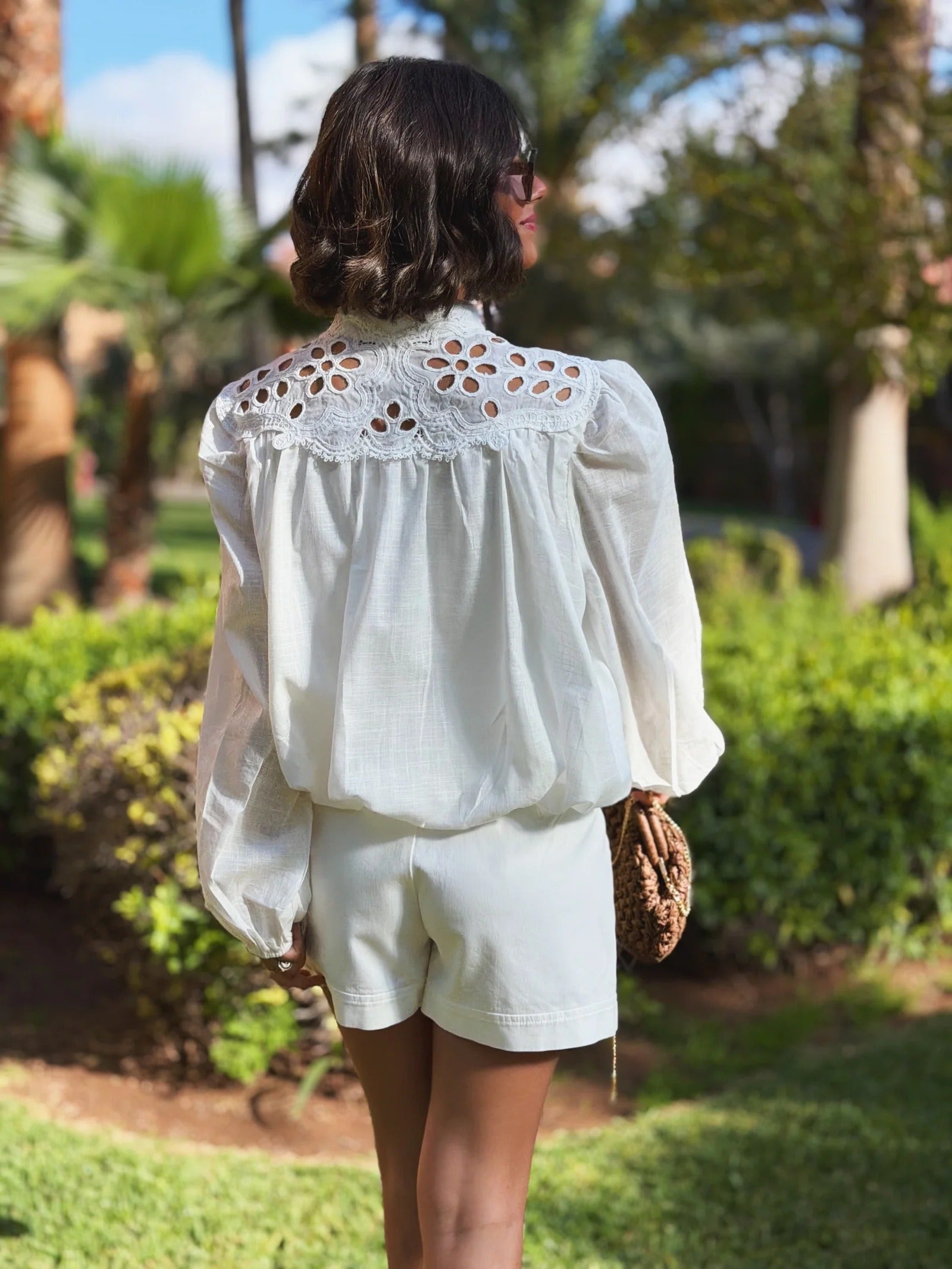 HOLLOW EMBROIDERY COTTON LINEN LONG SLEEVE SHIRT