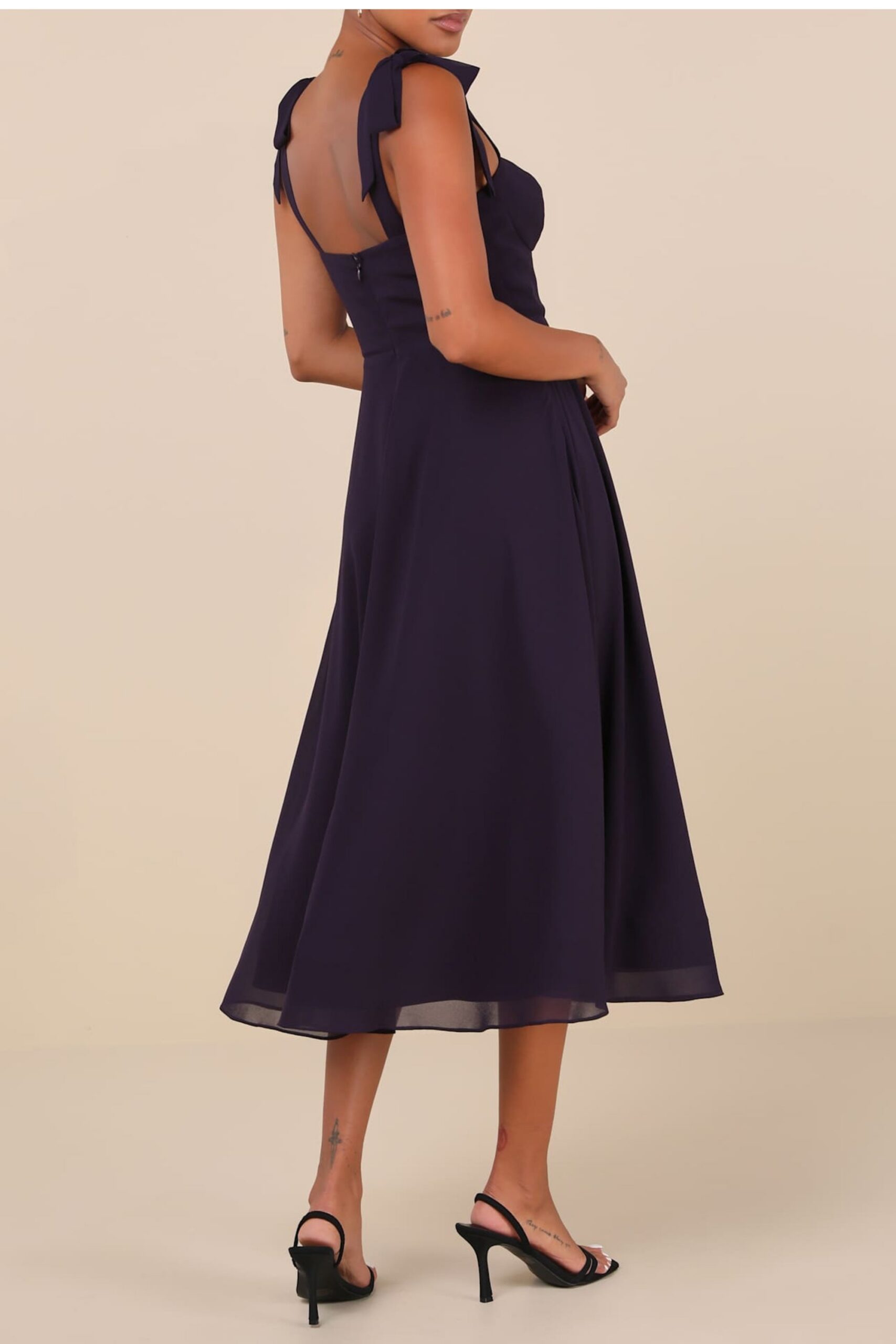 PURPLE BLUE TIE-STRAP A-LINE MIDI DRESS FOR WEDDING