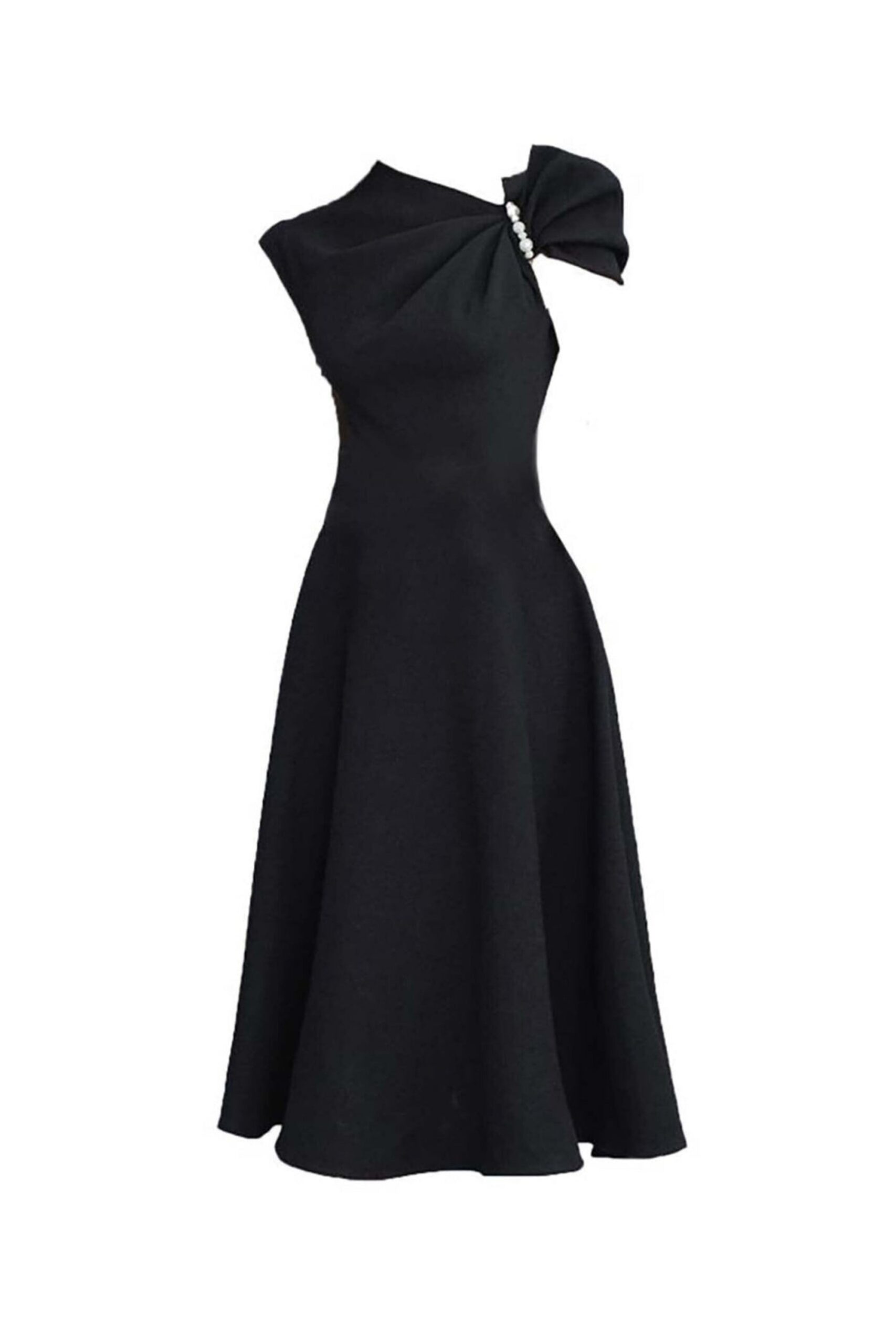 ASYMMETRIC PEARL SLEEVE MIDI DRESS, BLACK