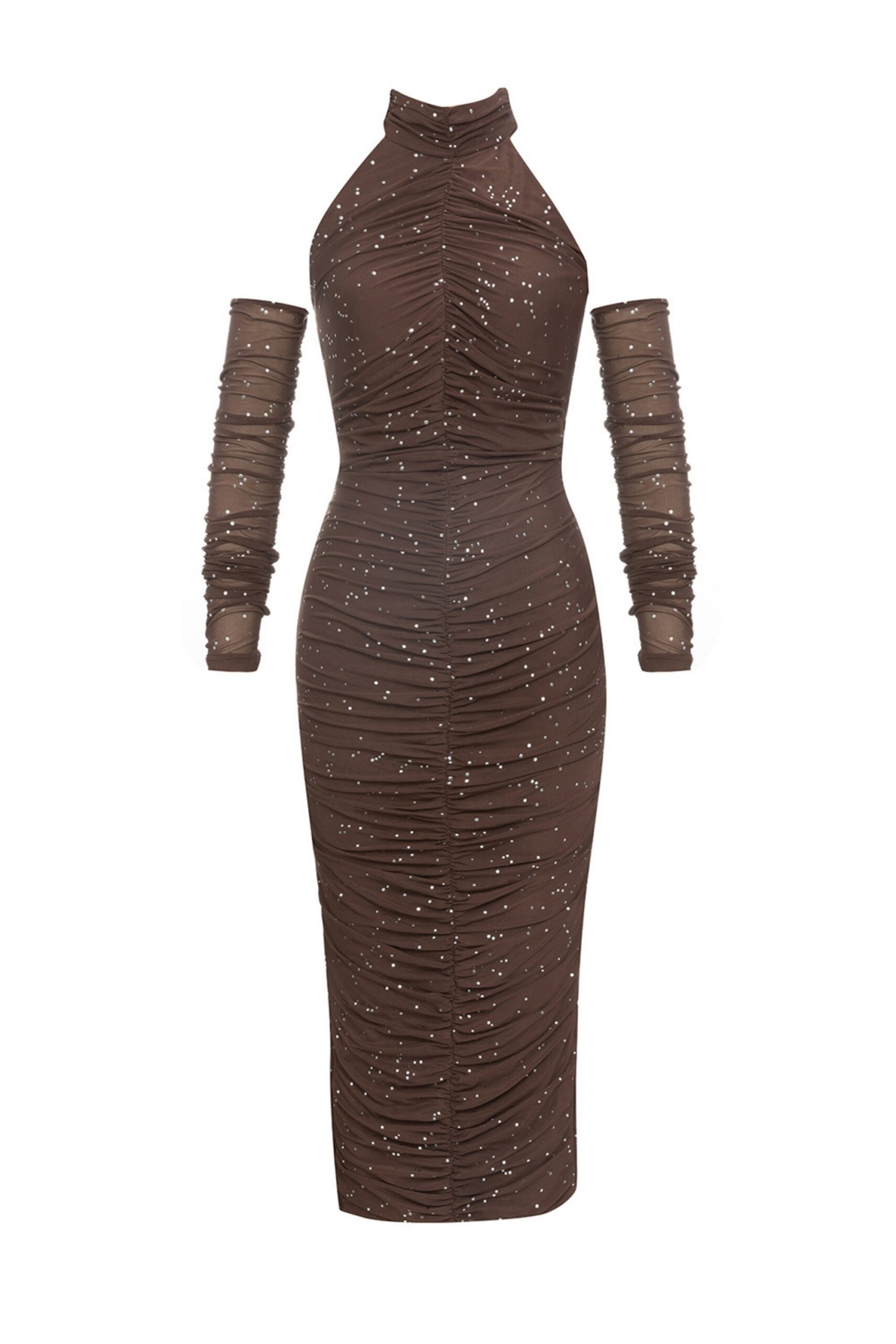 SEQUIN RUCHED MIDI DRESS BROWN PARTY