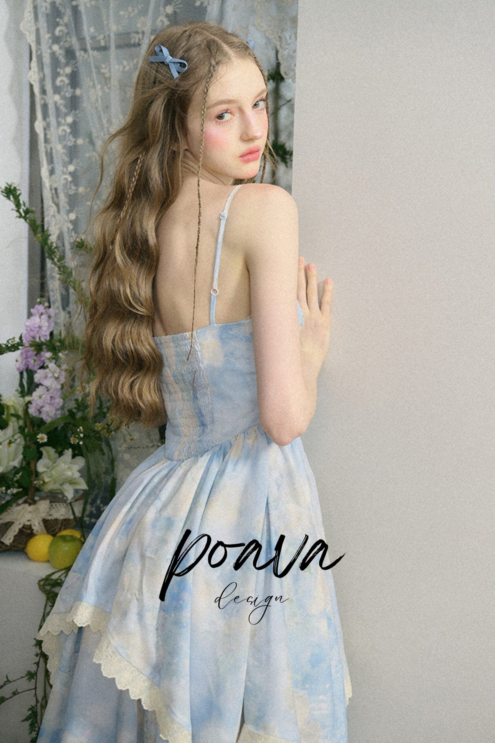 BLUE LACE FLORAL MIDI DRESS FOR WEDDING GUEST