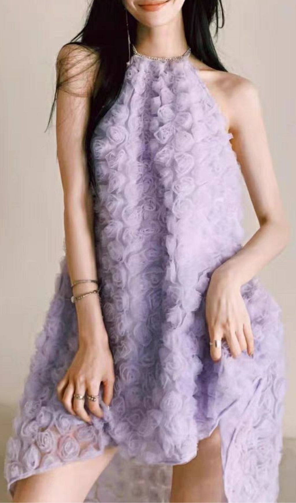 3D PURPLE ROSE HALTER BACKLESS MIDI DRESS
