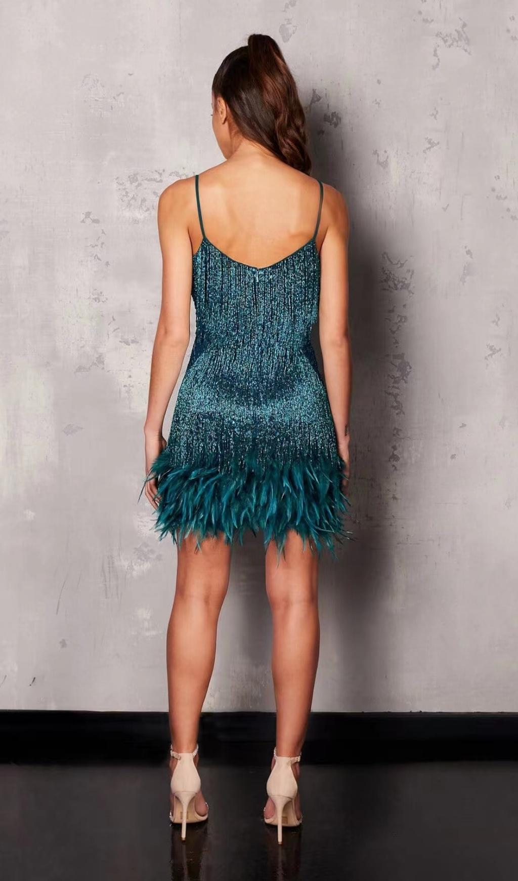 EMERALD FEATHER TASSEL MINI DRESS FOR PARTIES