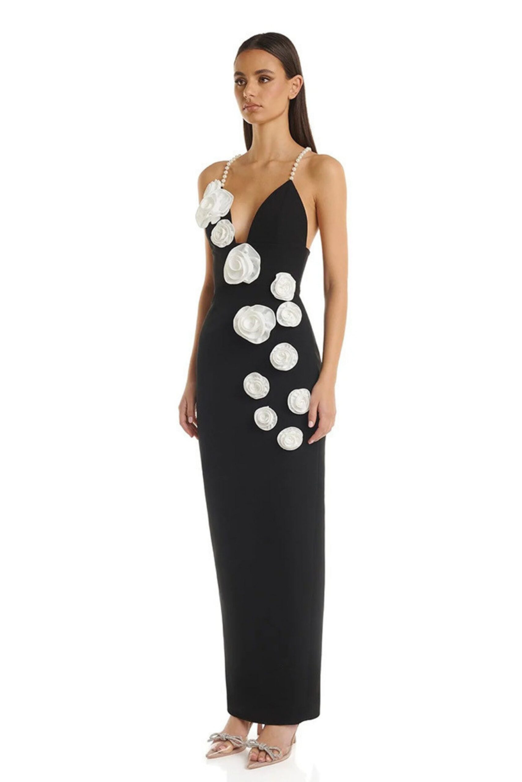 3D FLOWER MAXI DRESS, BLACK, EVENING