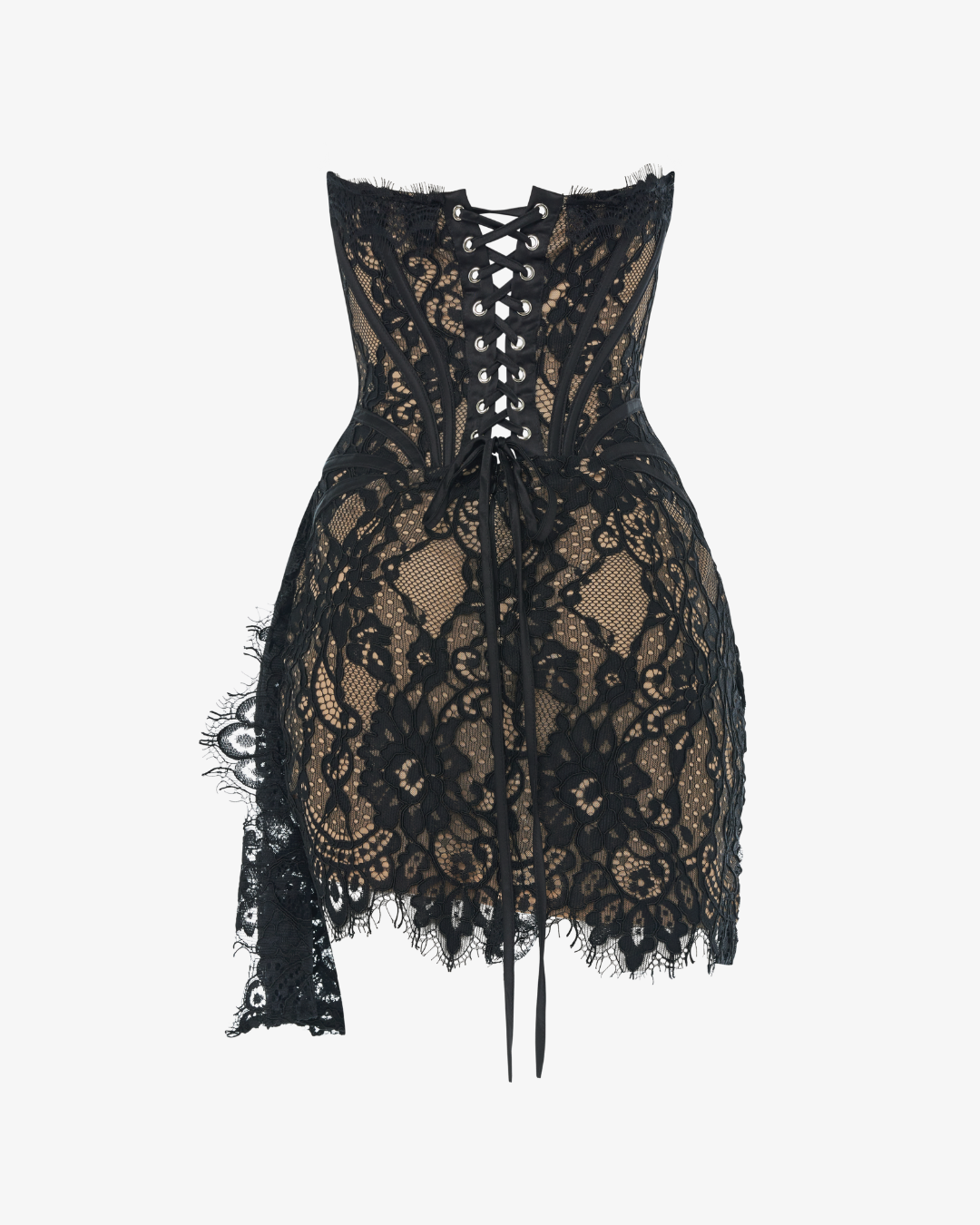 BLACK LACE CORSET DRAPED MINI COCKTAIL DRESS