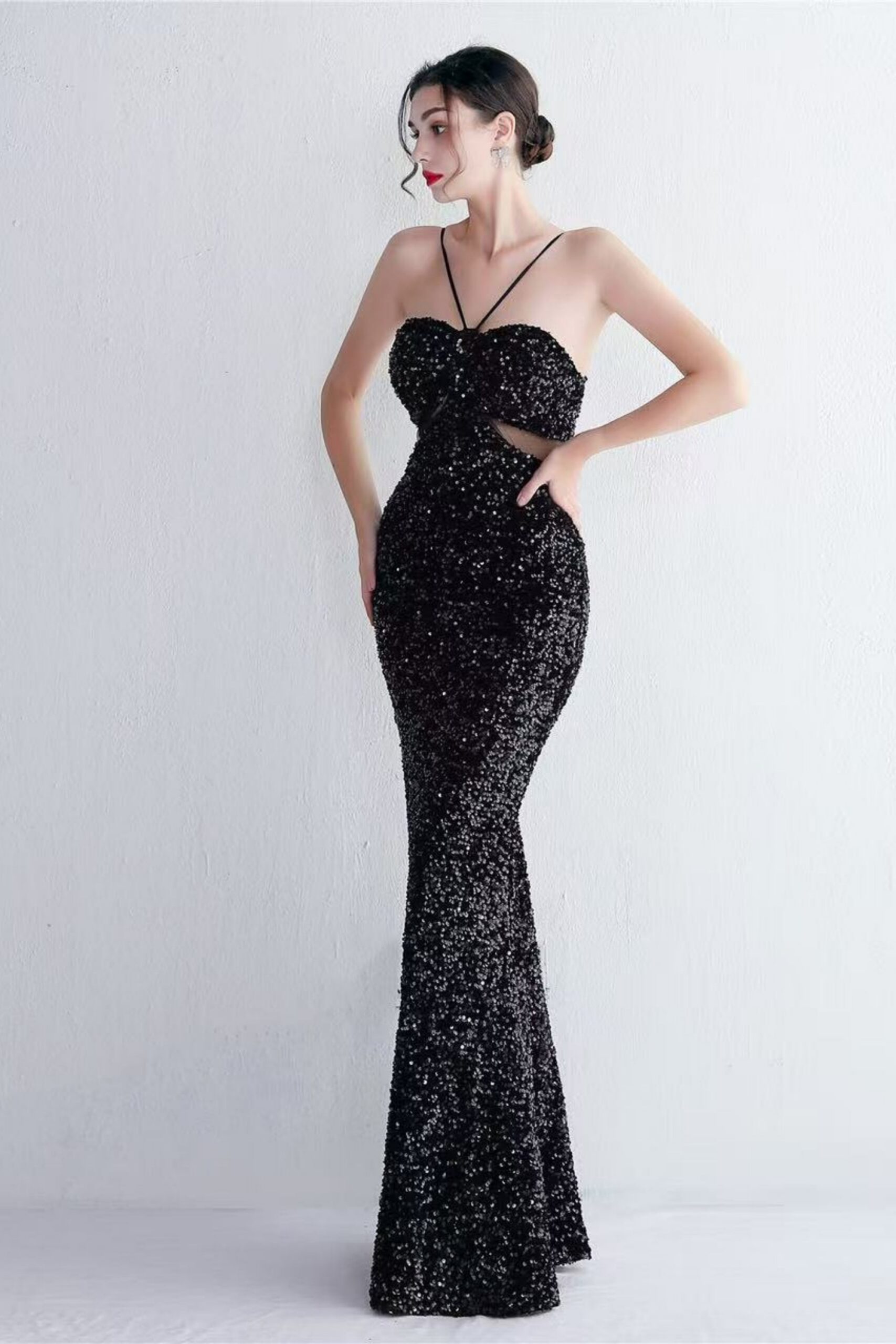 MARIAN BLACK CUTOUT SEQUIN HALTER MAXI DRESS