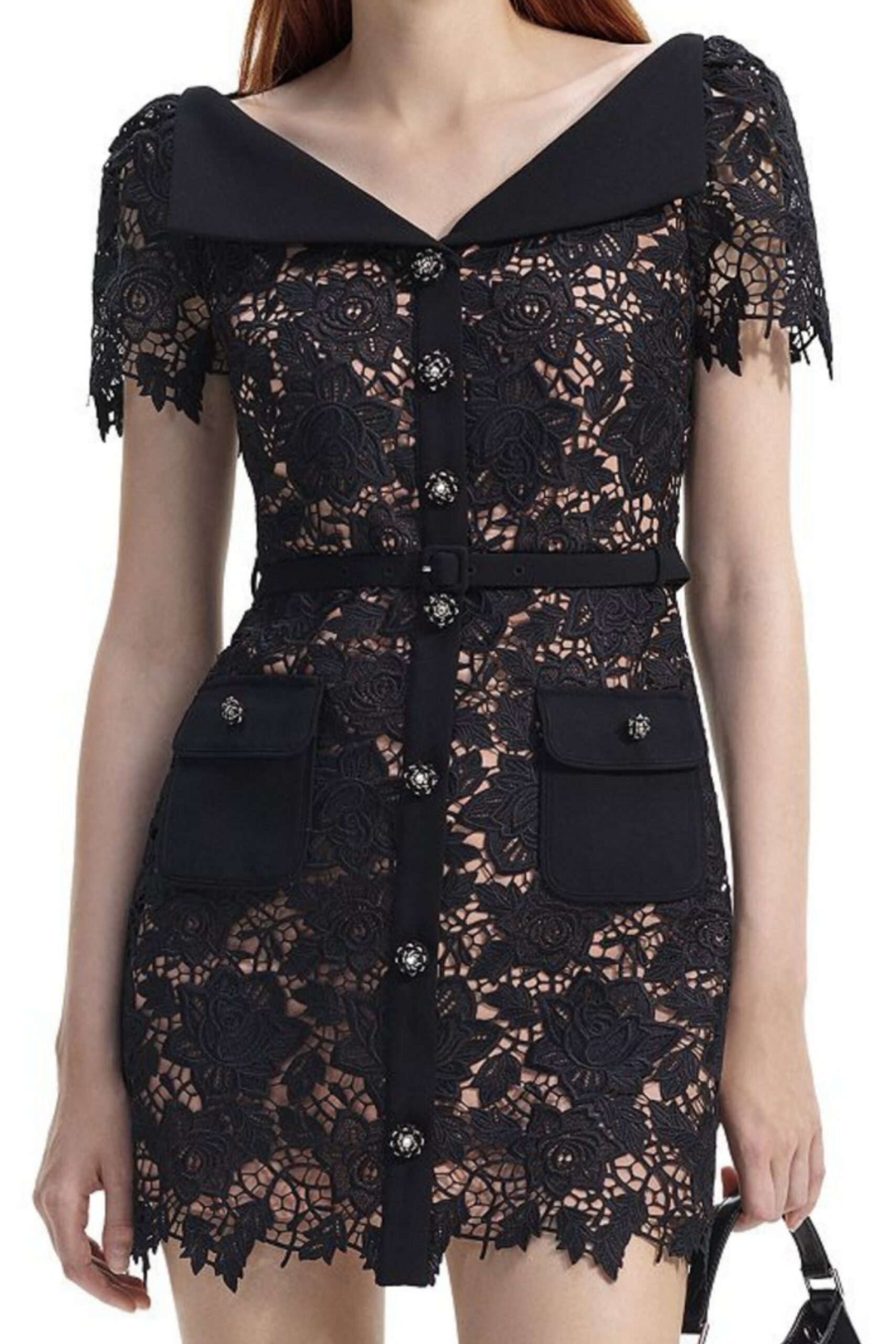 LACE BUCKLE MINI DRESS BLACK COCKTAIL PARTY