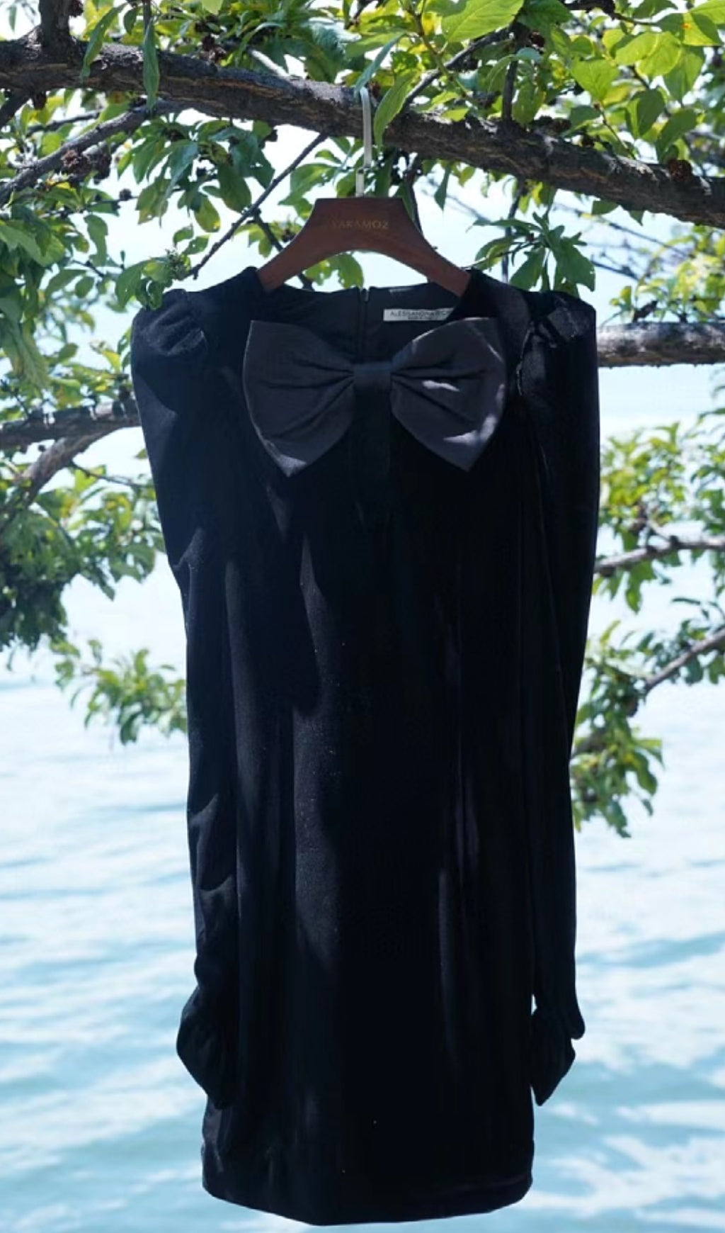 BLACK VELVET BOW LONG SLEEVE MINI DRESS