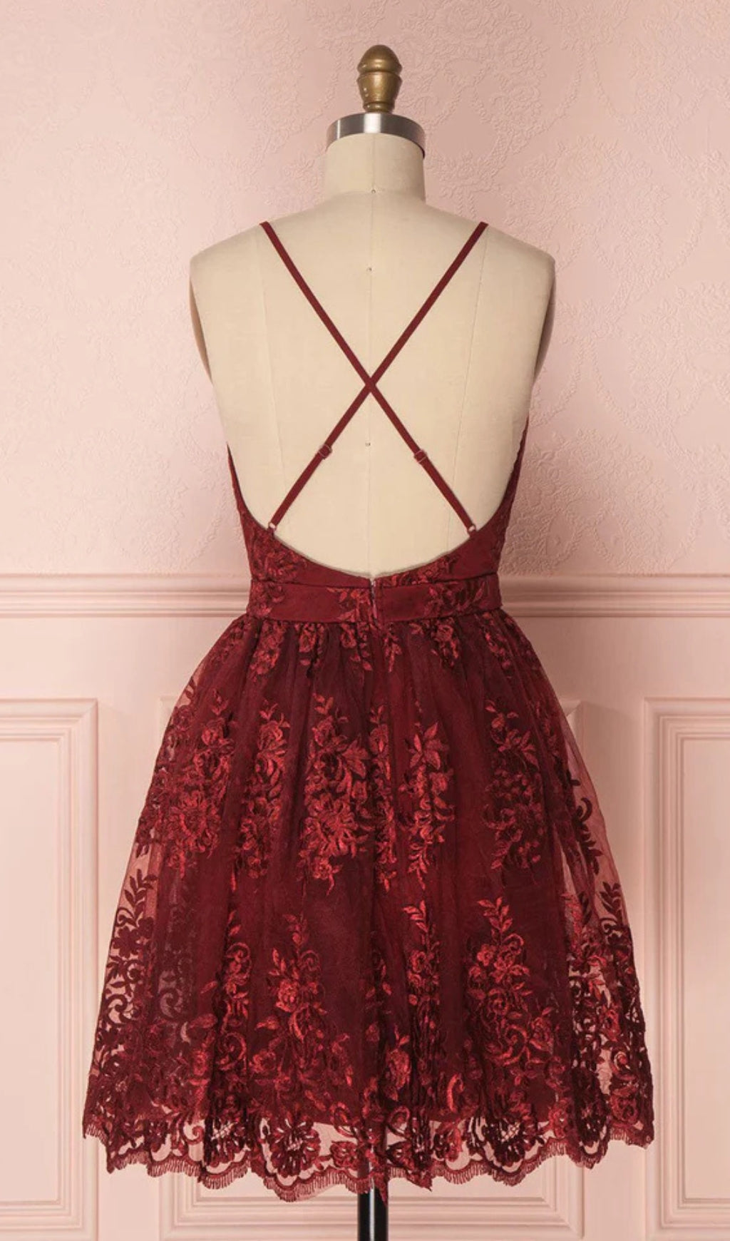V-NECK TULLE LACE SHORT BURGUNDY PROM DRESS