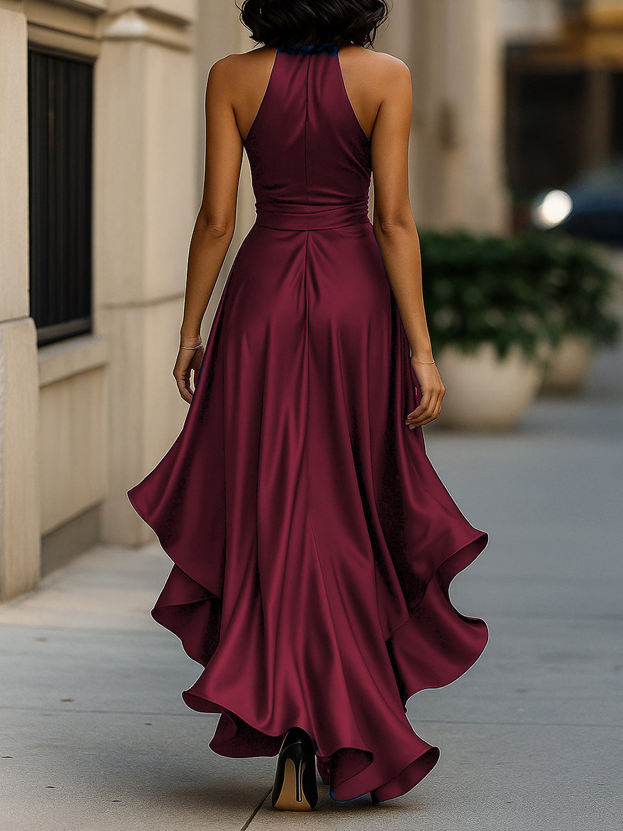 MIDNIGHT SATIN HALTER RUFFLE GOWN