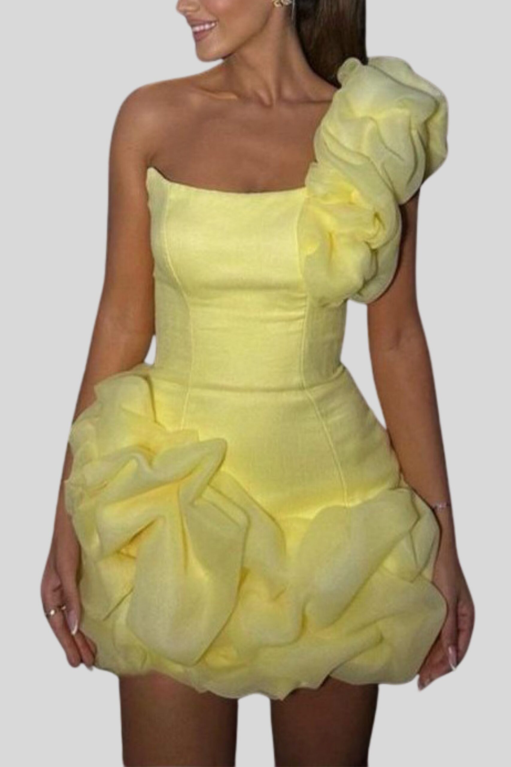 ONE SHOULDER RUFFLE YELLOW MINI DRESS
