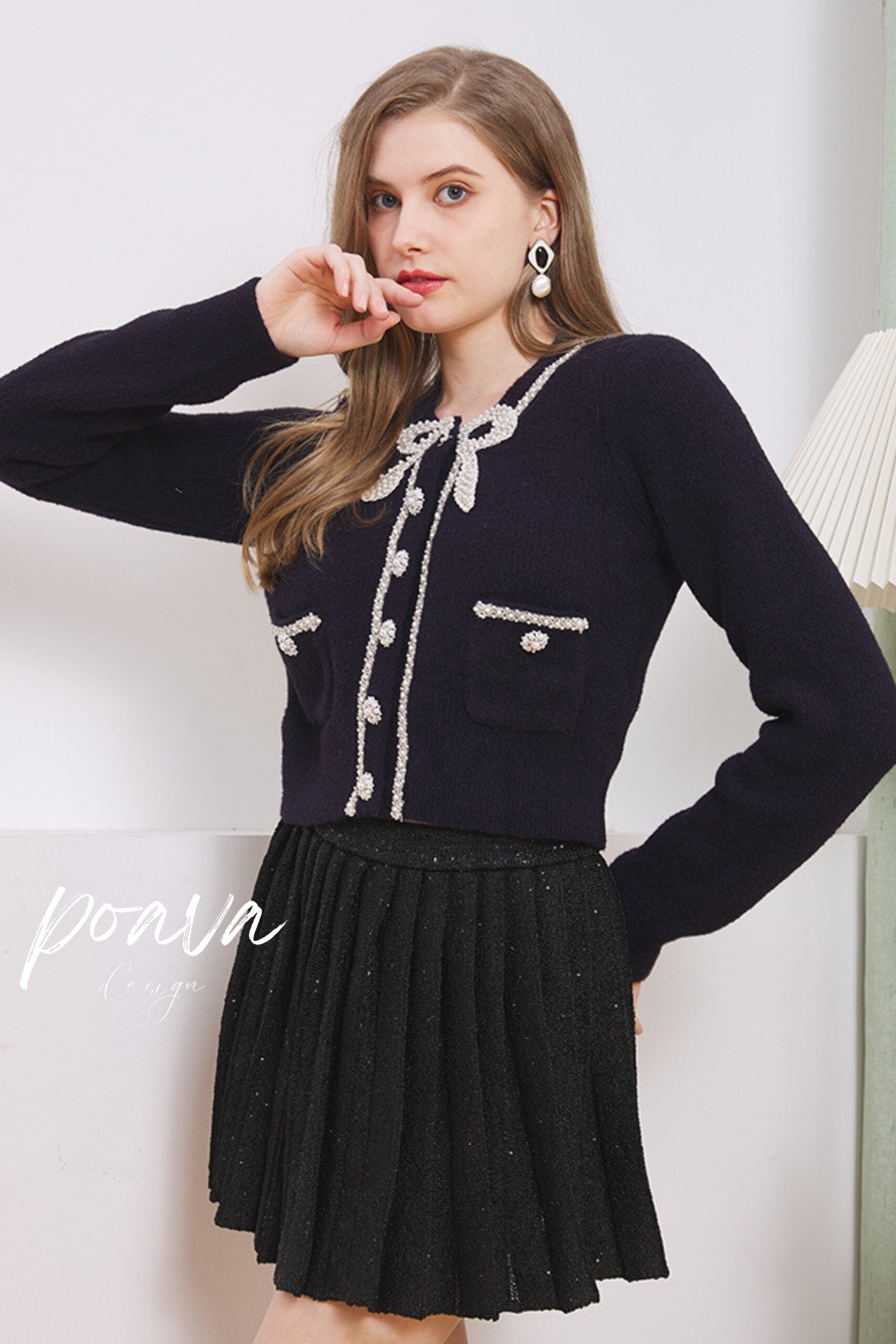 PEARL EMBELLISHED NAVY COAT, ELEGANT EVENING