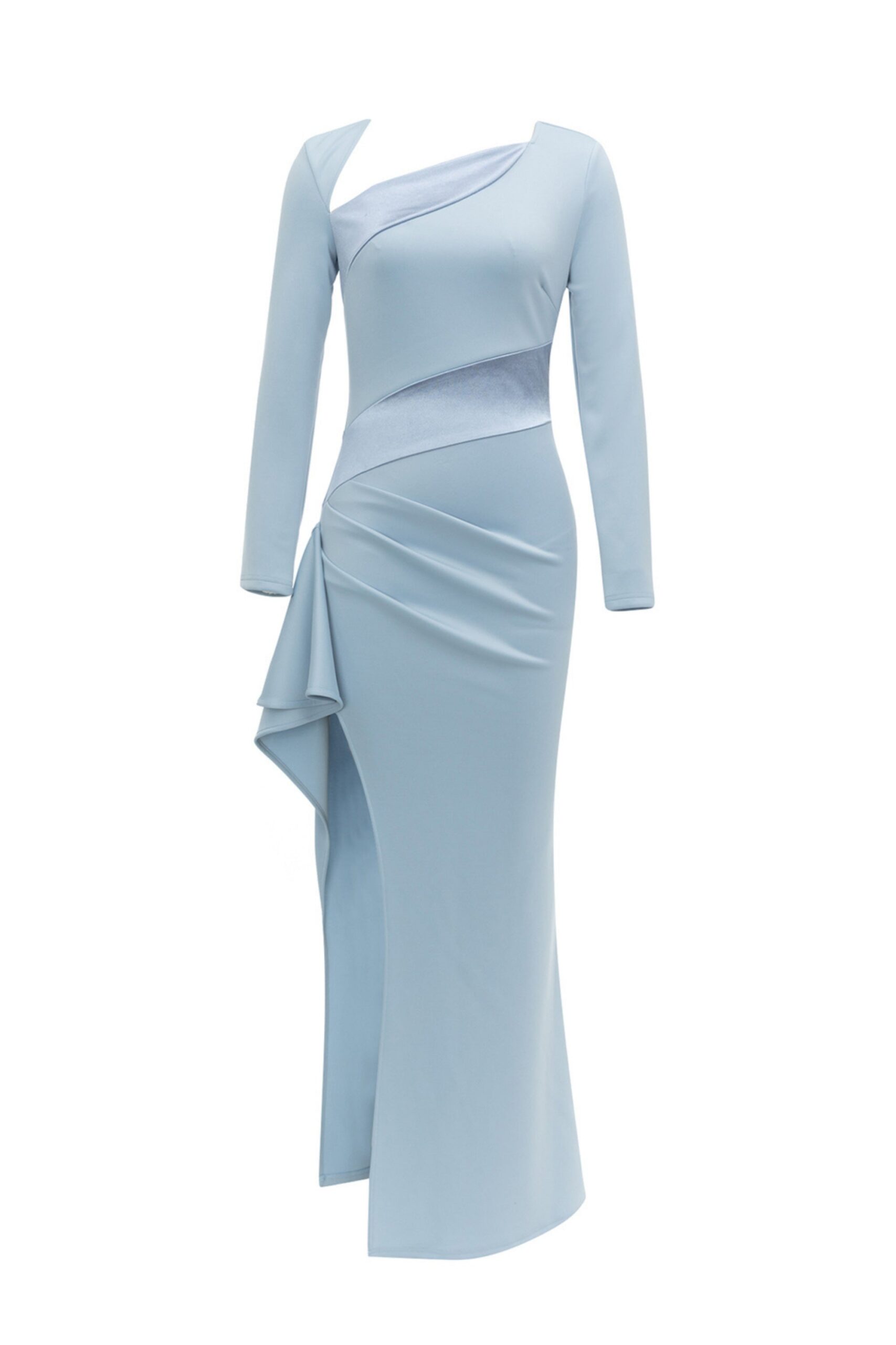 LONG SLEEVE HIGH SLIT BLUE MAXI DRESS FOR EVENING