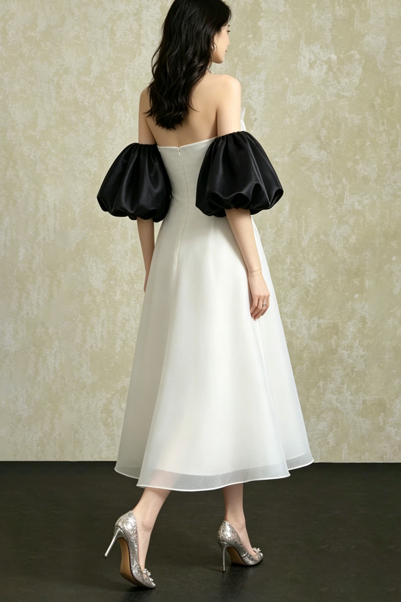 STRAPLESS PUFF SLEEVE ORGANZA MIDI DRESS, WHITE