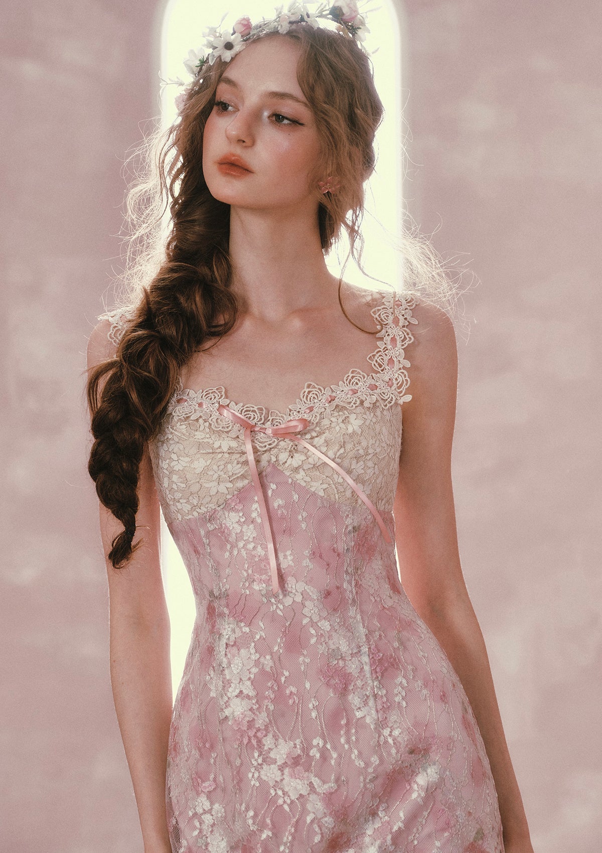 MANDY PINK FLORAL LACE MIDI DRESS FOR WEDDING