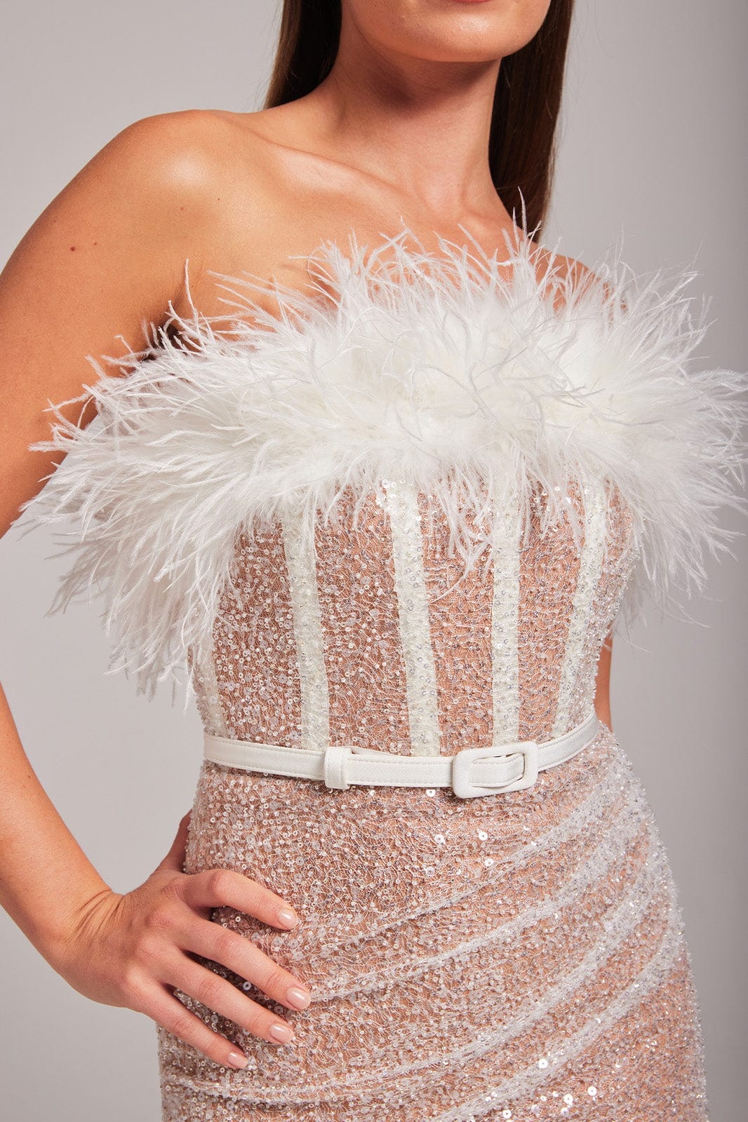 STRAPLESS SEQUIN FEATHER PARTY MINI DRESS