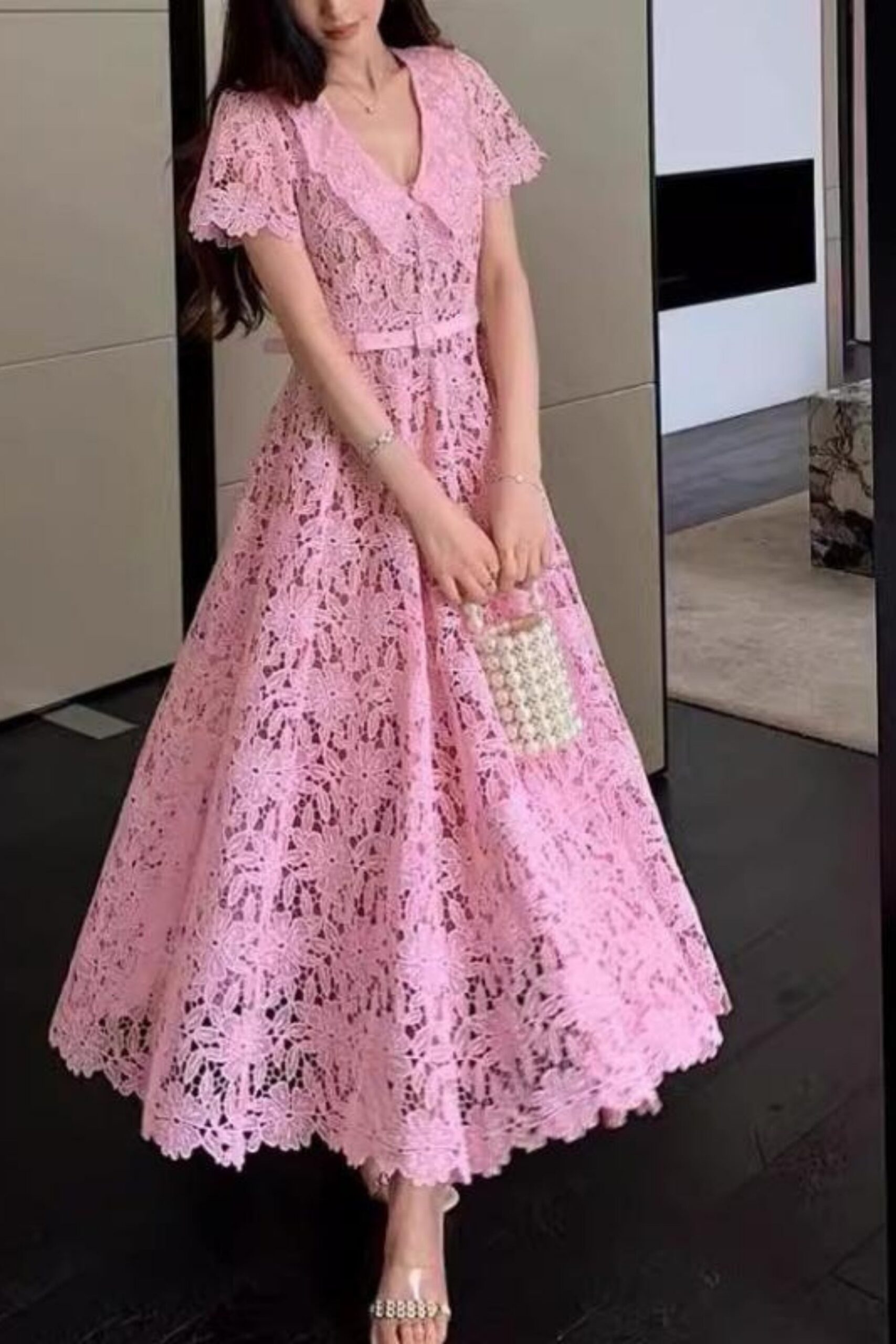LACE FLORAL MIDI DRESS PINK WEDDING GUEST