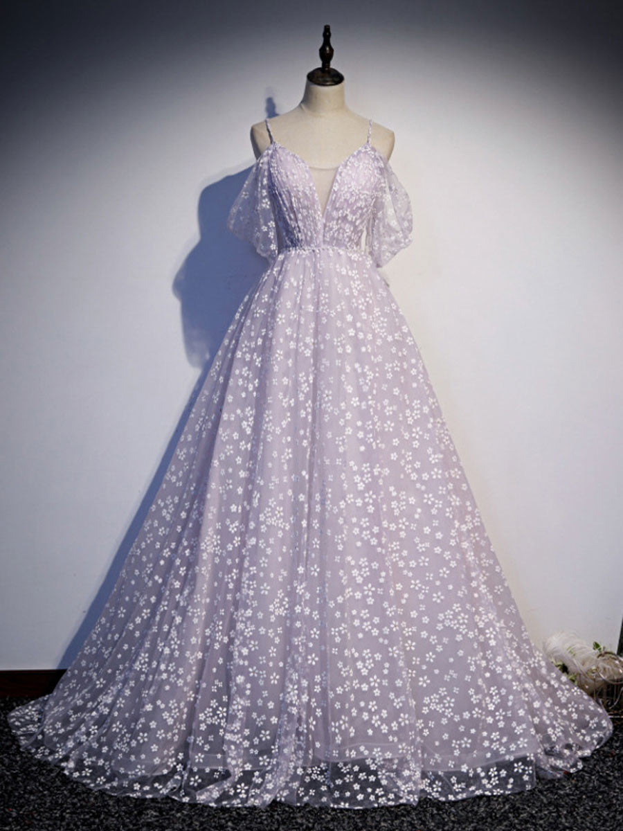 Purple tulle A line maxi prom dress